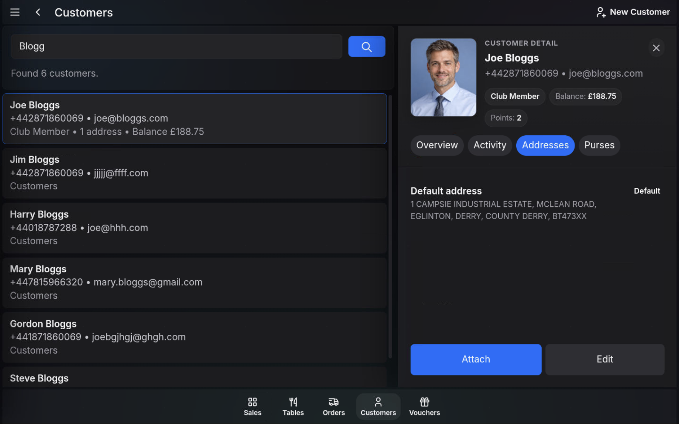 Customer record addresses tab showing the default address