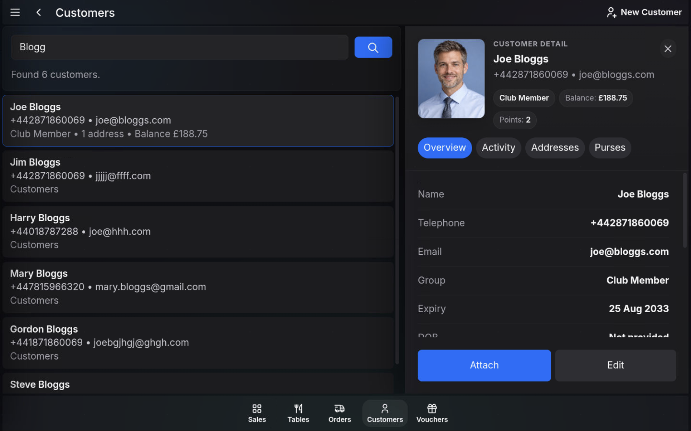 Customer record overview after selecting a customer