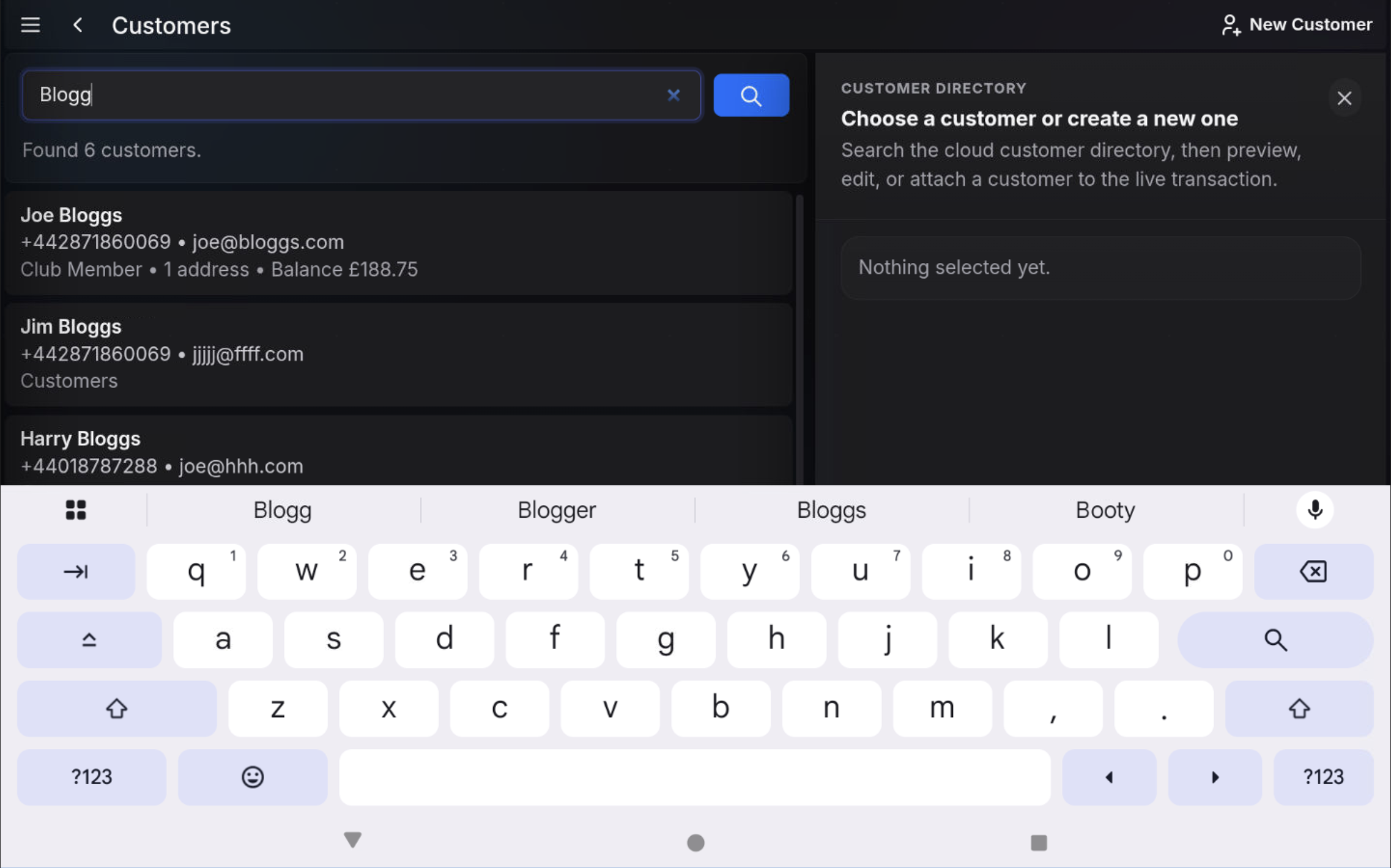 Customer search results shown on POS