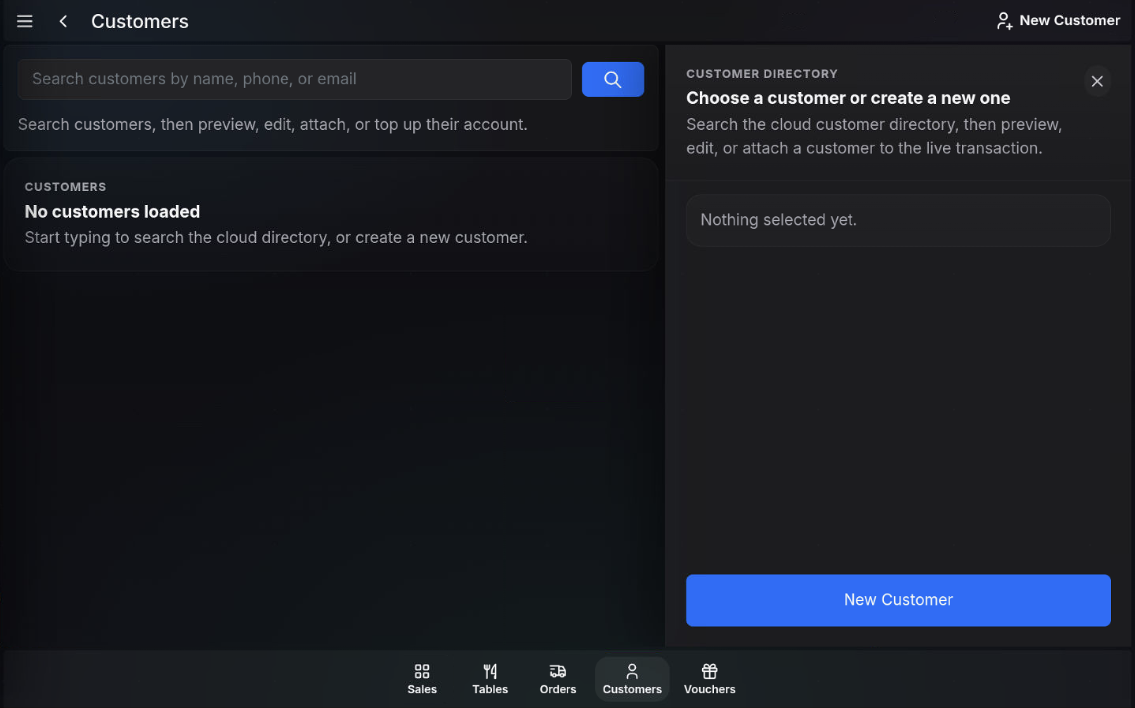 Customer search screen with name phone or email search field