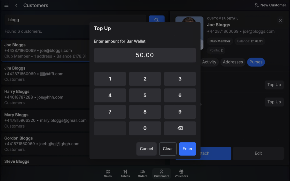 TapaPOS customer account top-up amount entry screen