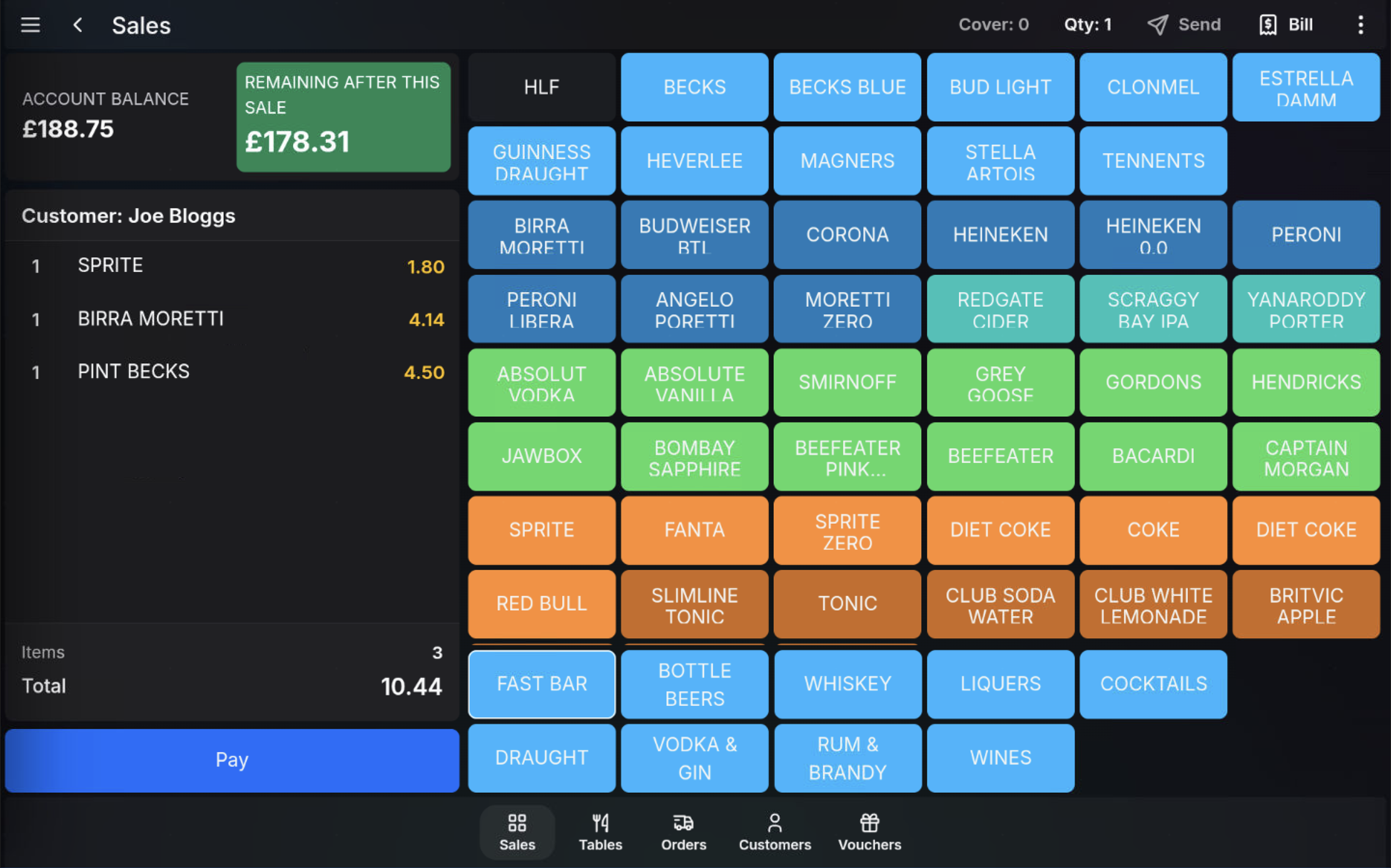 Customer transaction showing account balance and remaining balance after sale