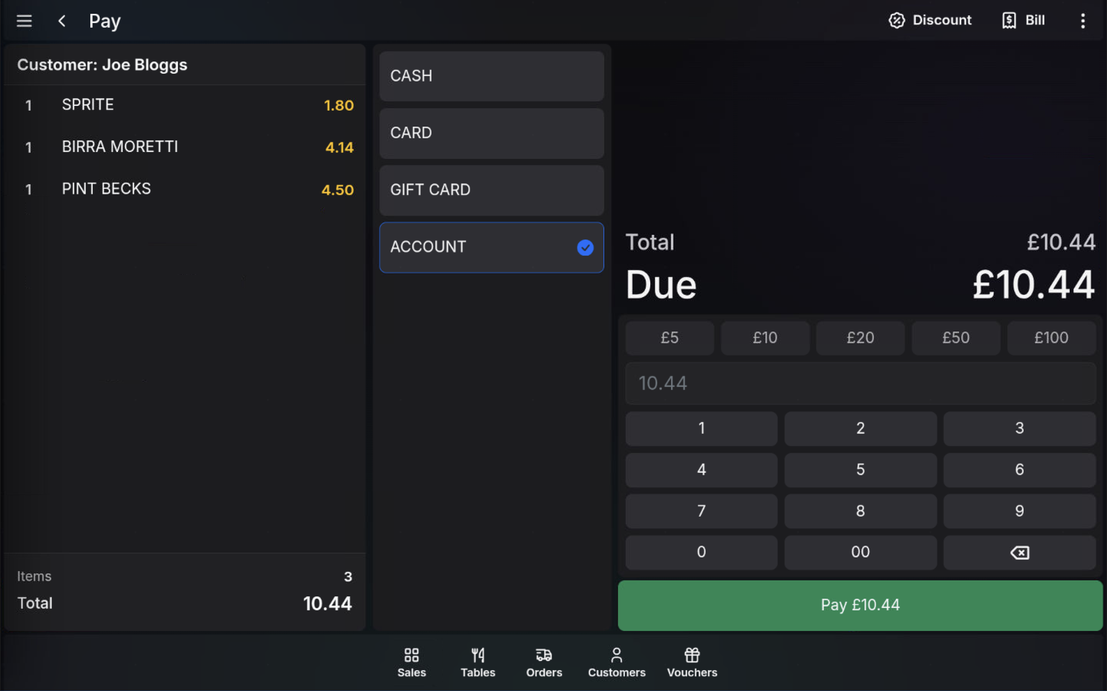 Payment screen with Account selected as the payment method