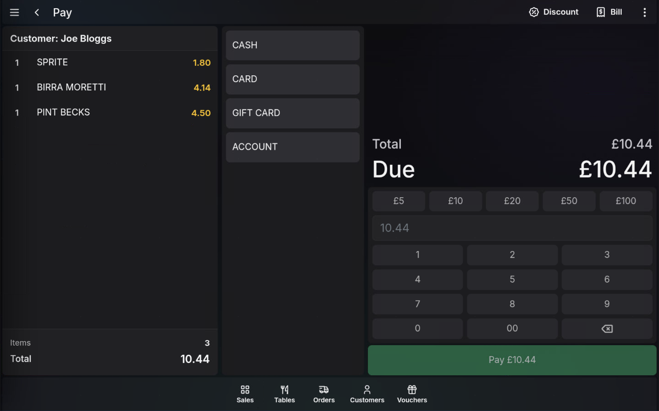 Payment screen for a sale with a customer attached