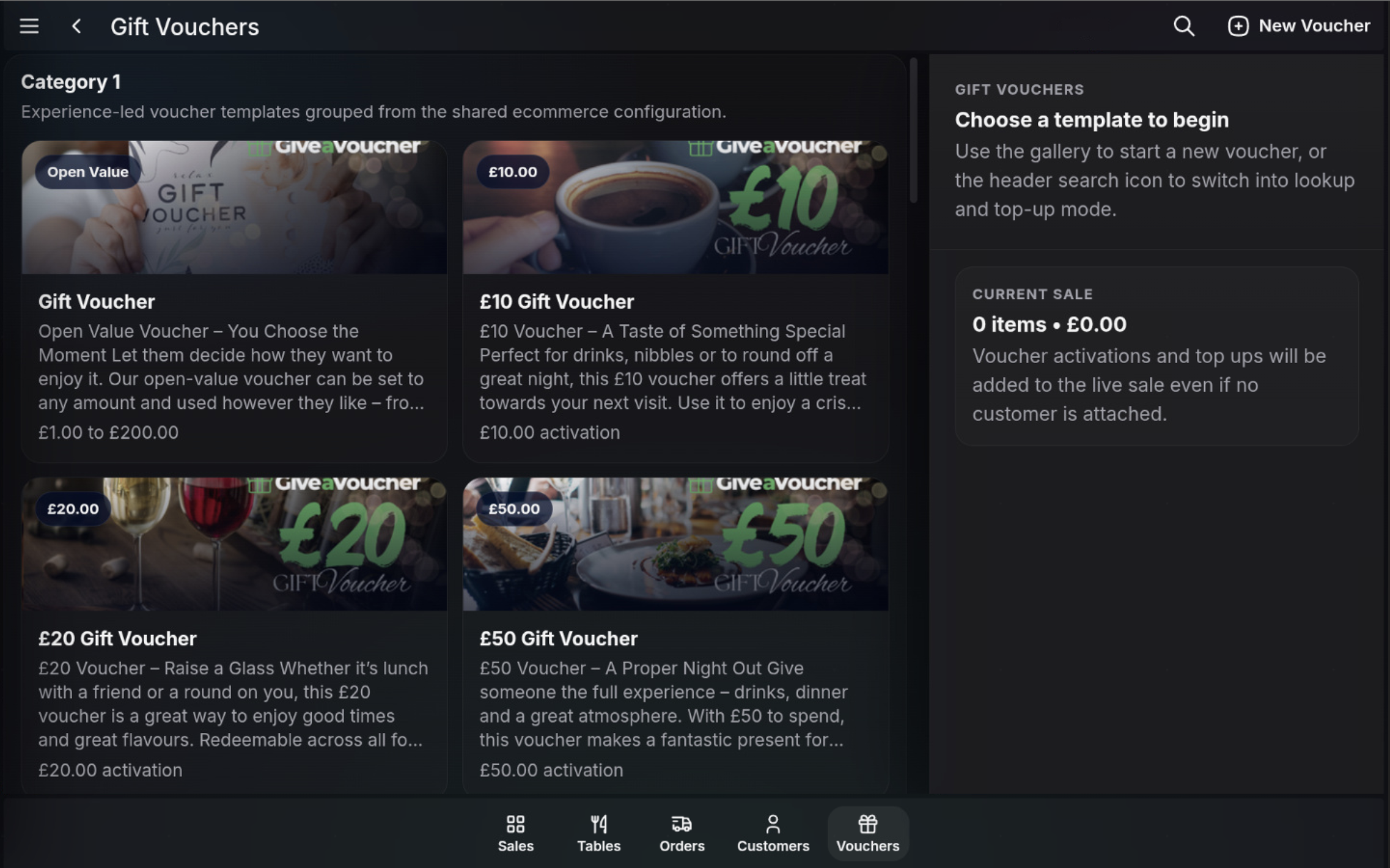 Gift Vouchers screen showing available voucher templates and the New Voucher action.