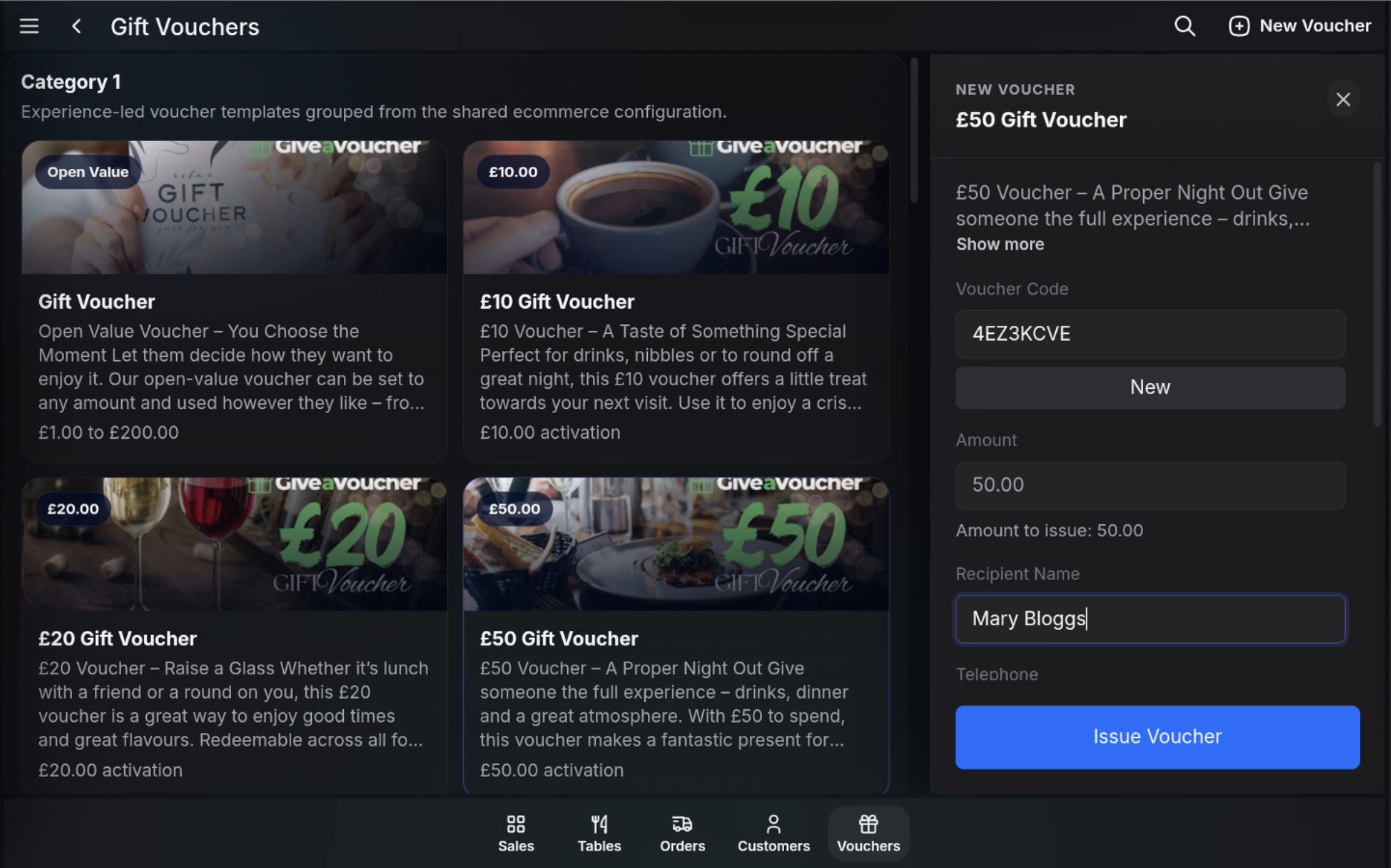 Gift voucher issue panel with Issue Voucher button.
