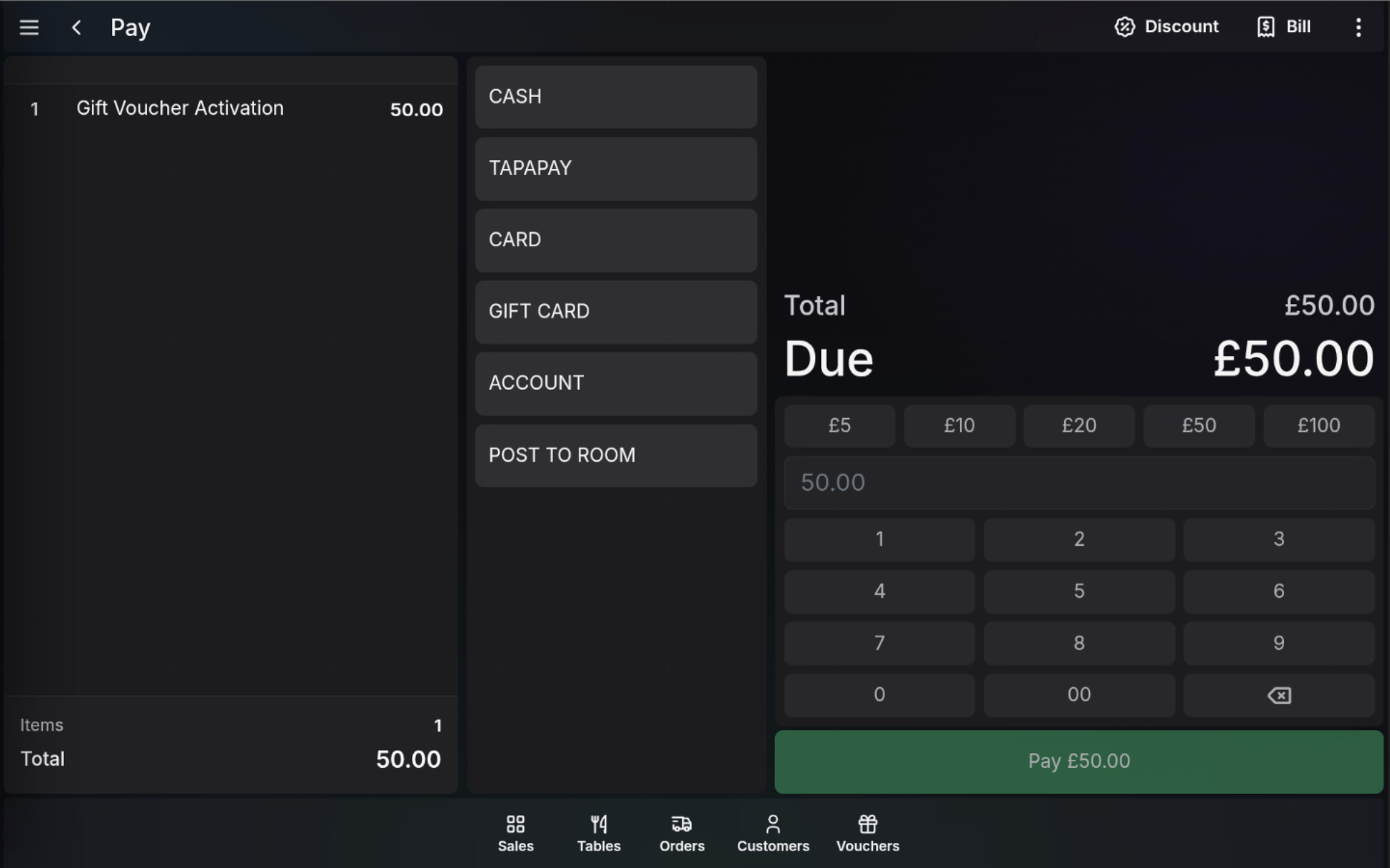 Payment screen showing a Gift Voucher Activation item ready to be paid.