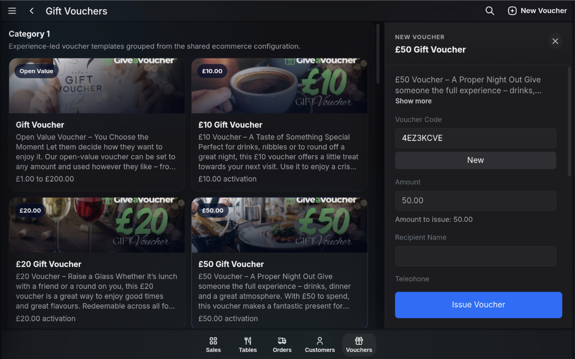 Gift Vouchers screen showing a selected £50 Gift Voucher and New Voucher panel.