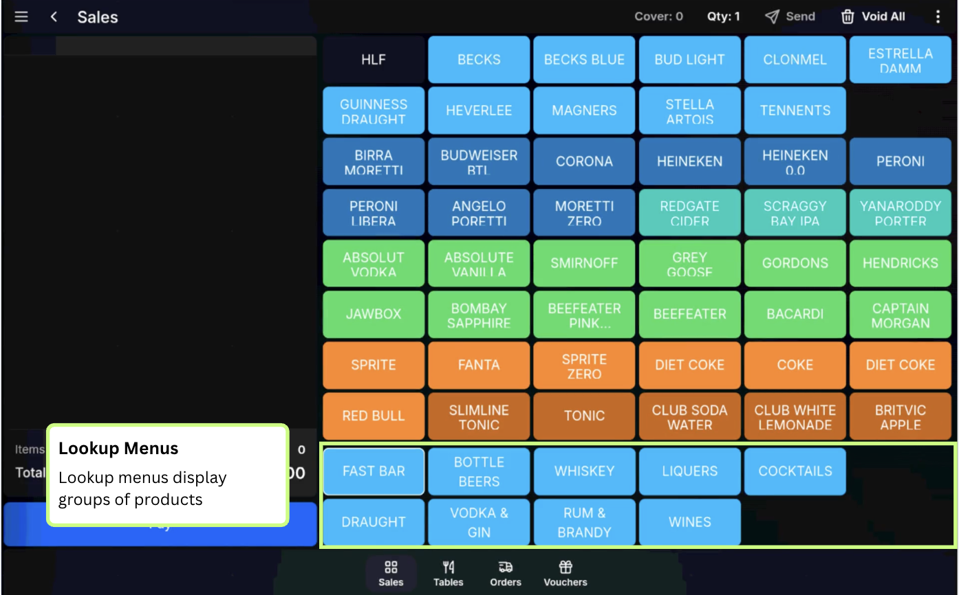 TapaGo sales screen showing lookup menus used to switch product sections.