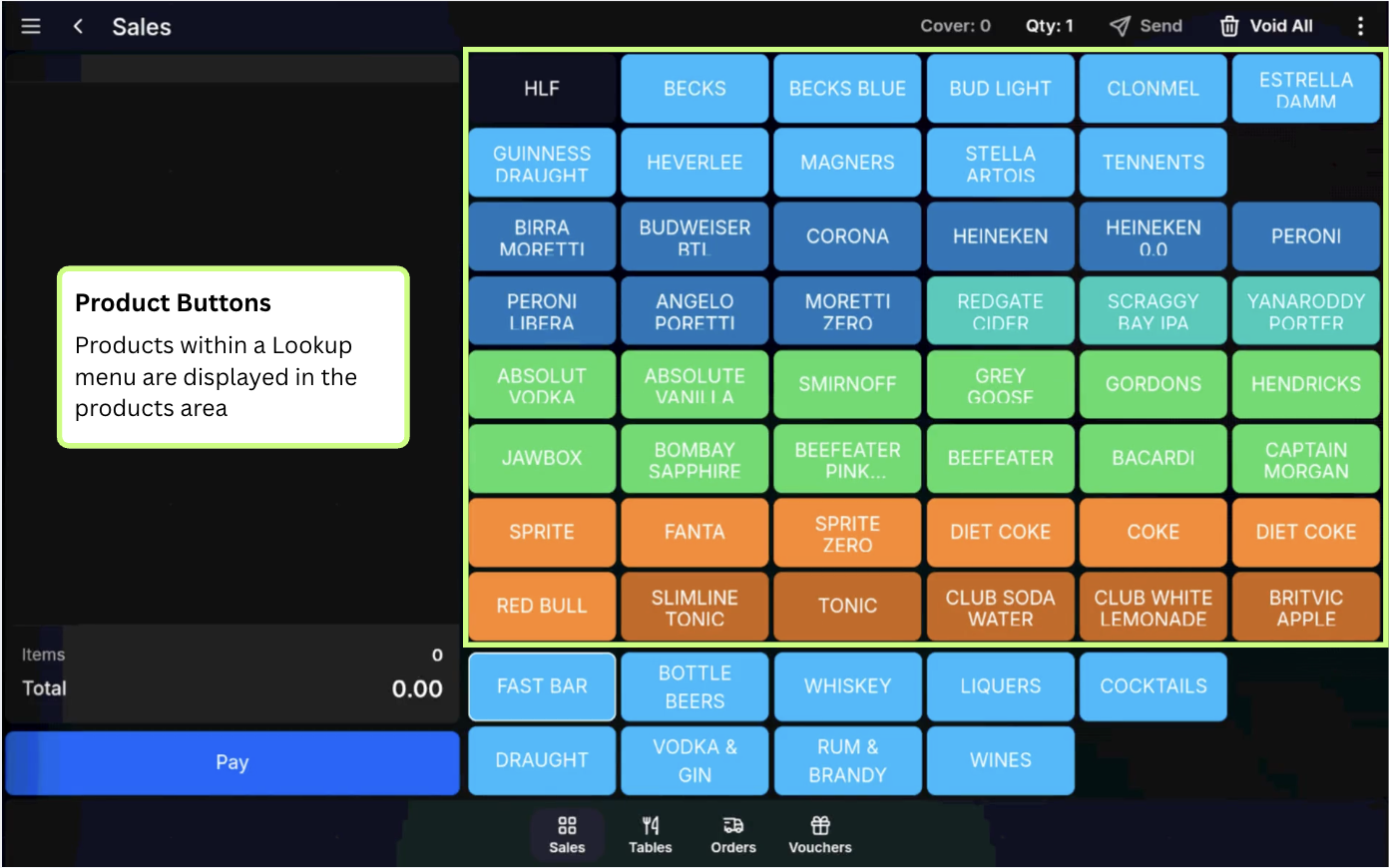TapaGo sales screen showing product buttons within a selected lookup menu.