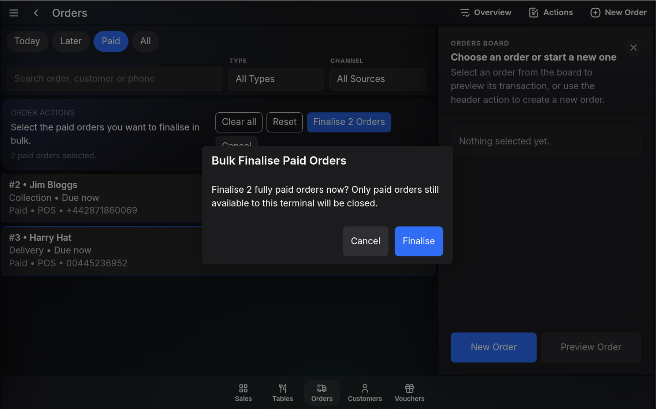 Bulk Finalise Paid Orders confirmation window.