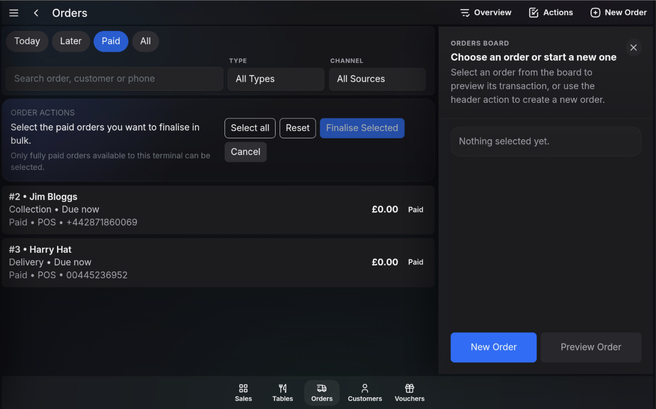 Bulk finalise workflow showing Select all, Reset, Finalise Selected, and Cancel controls.