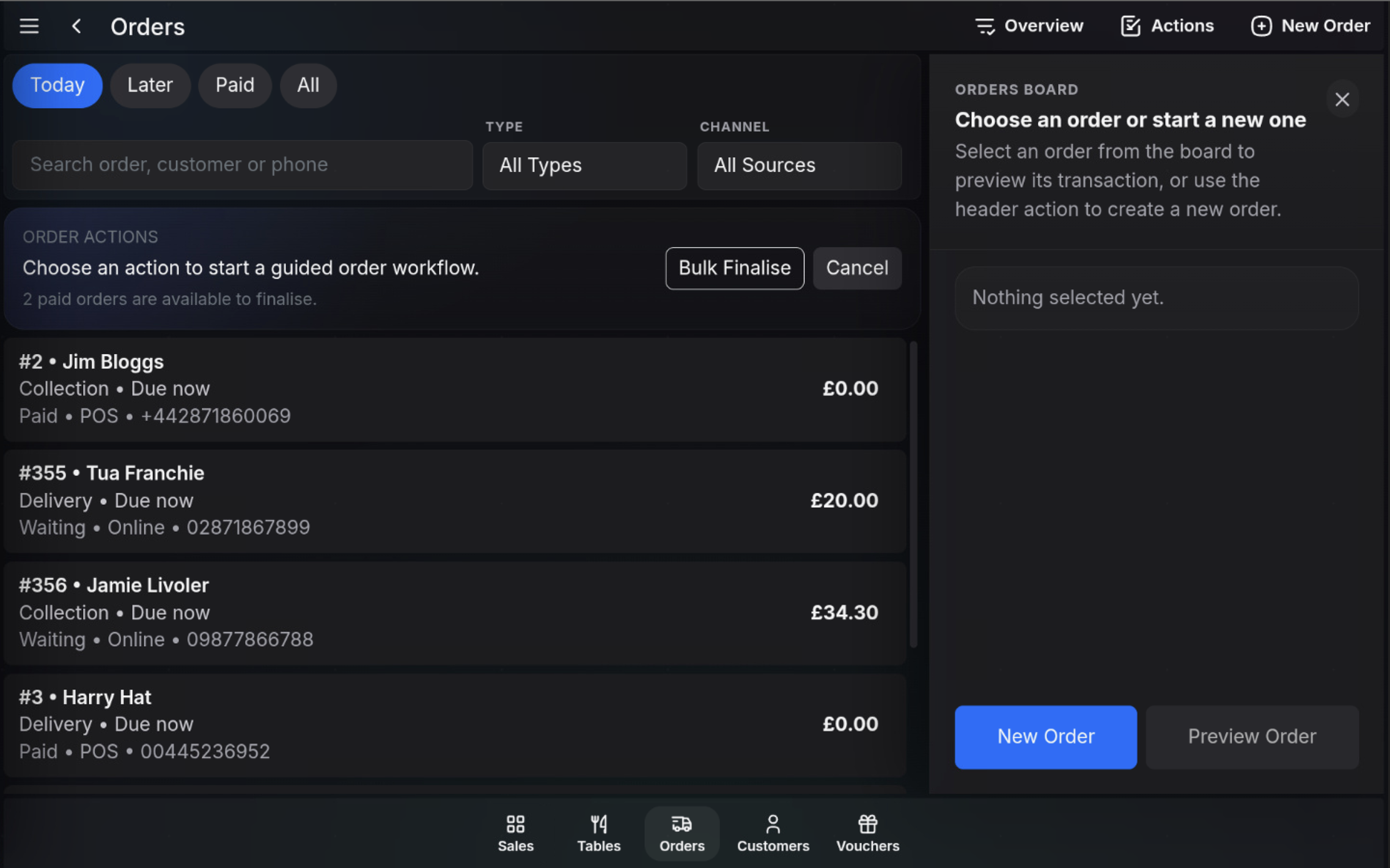 Orders Actions screen showing the Bulk Finalise button.