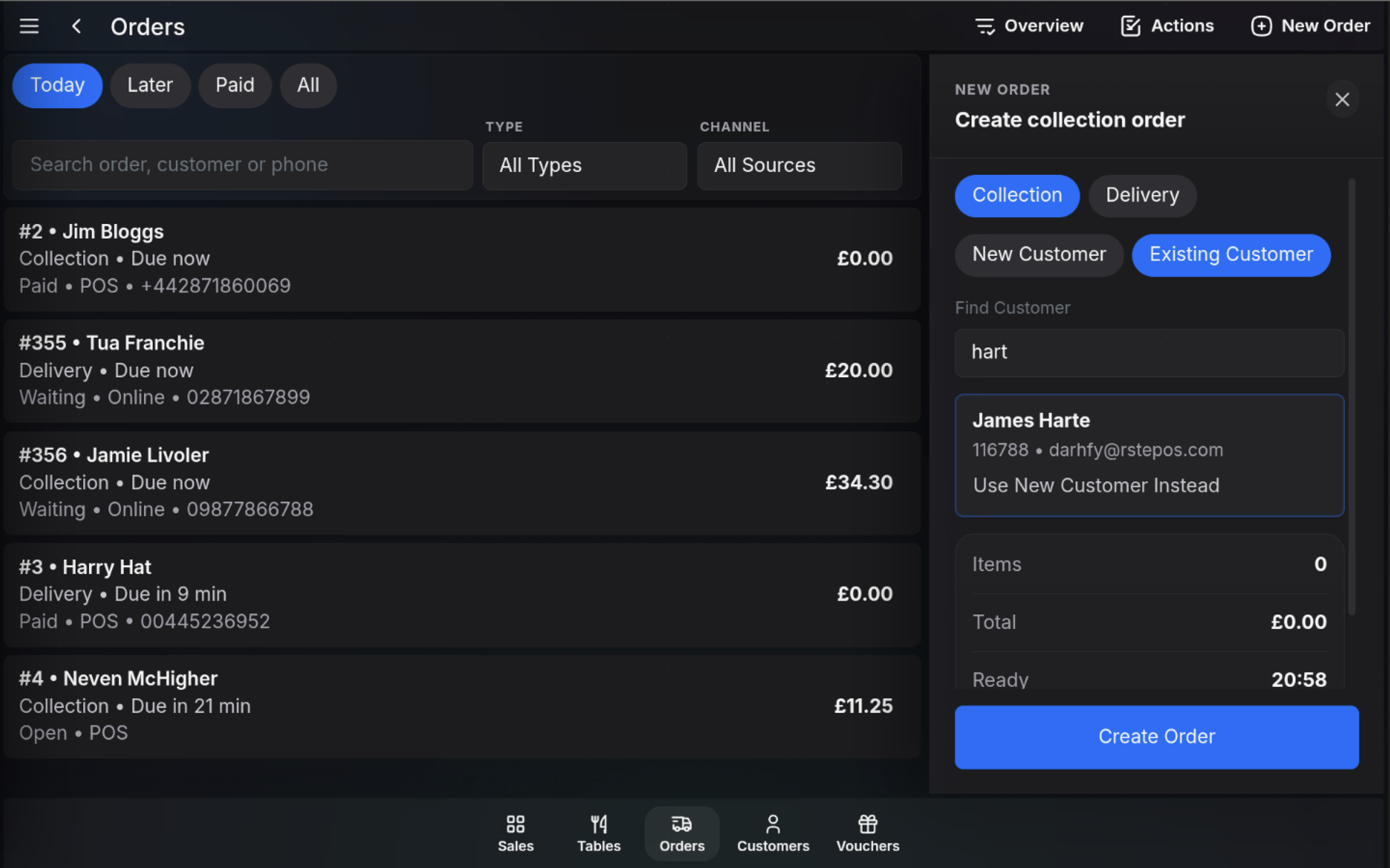 Create Order button on the new order panel.