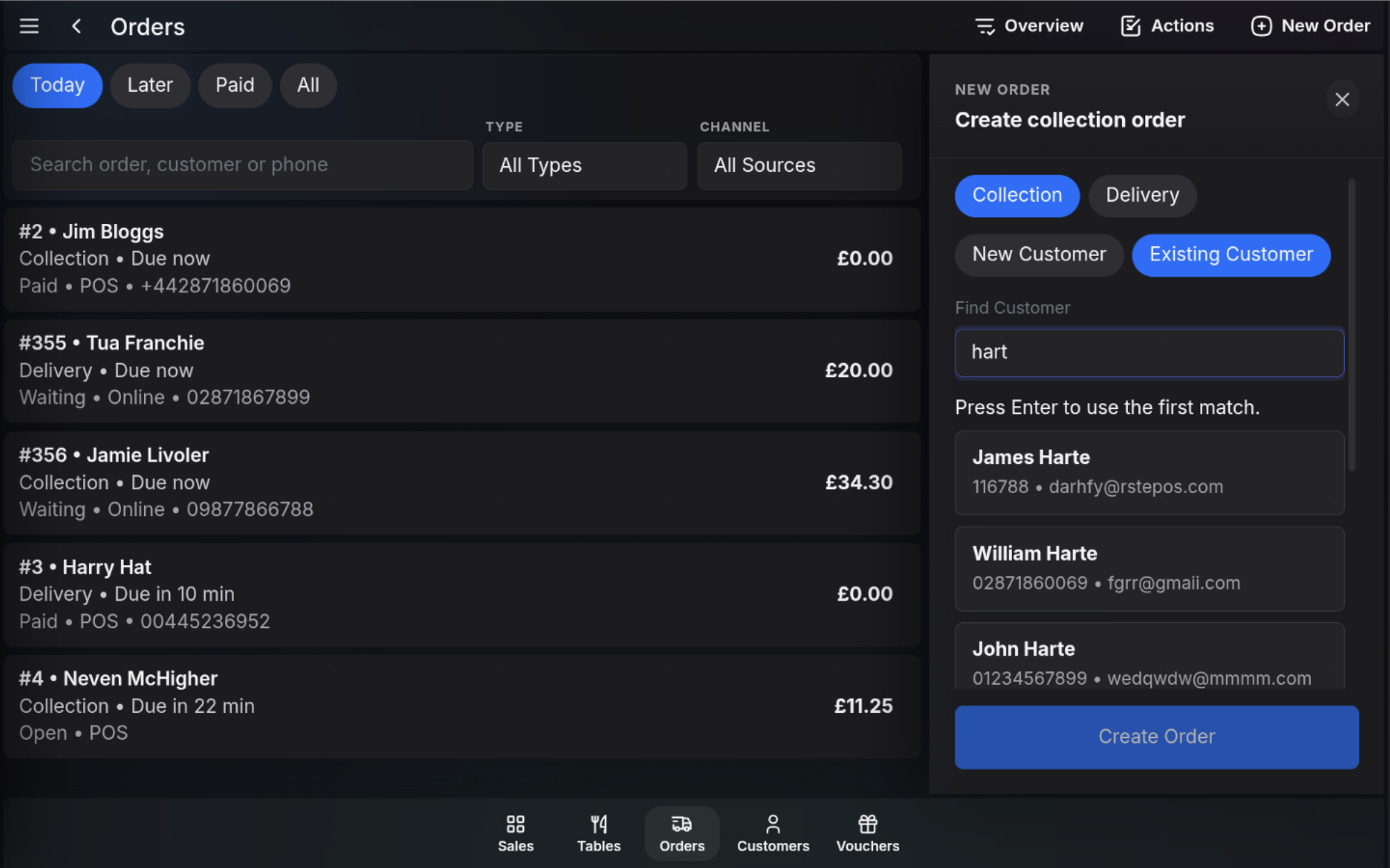 Existing customer search results shown on the new order panel.