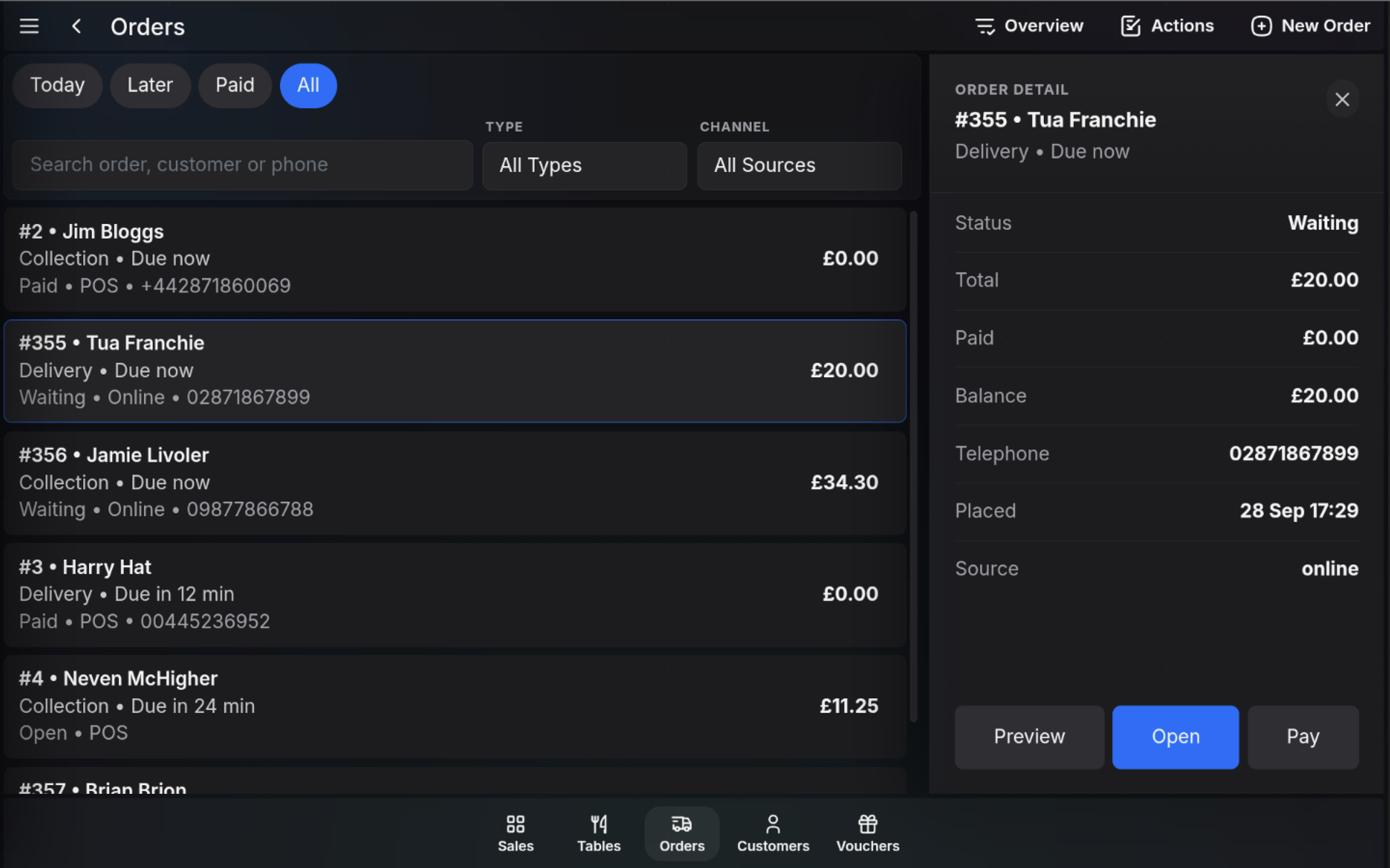 Order detail panel showing status, total, paid, balance, telephone, placed time, source, and action buttons.