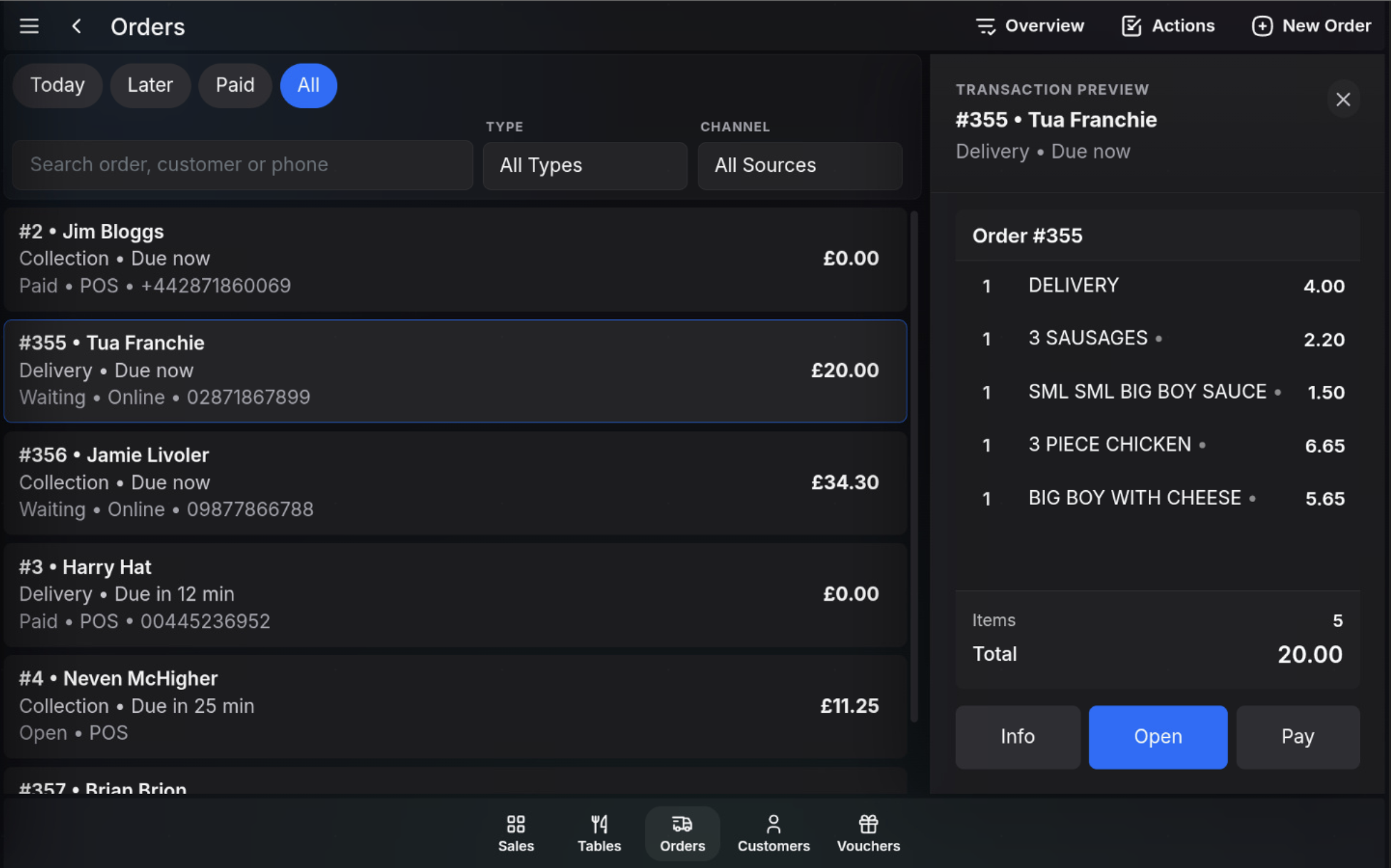 Transaction preview showing order item lines, item count, and total.