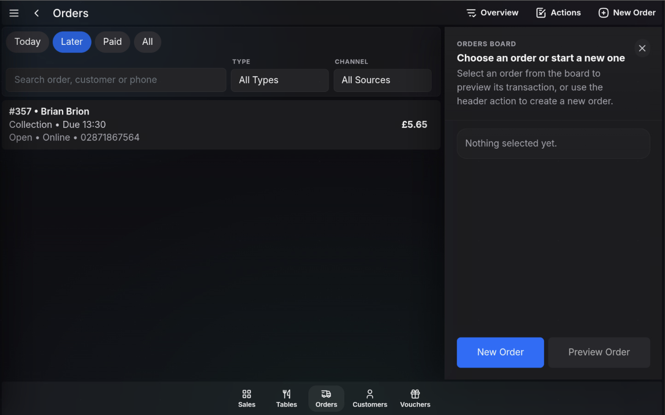 Orders screen filtered to Later orders.