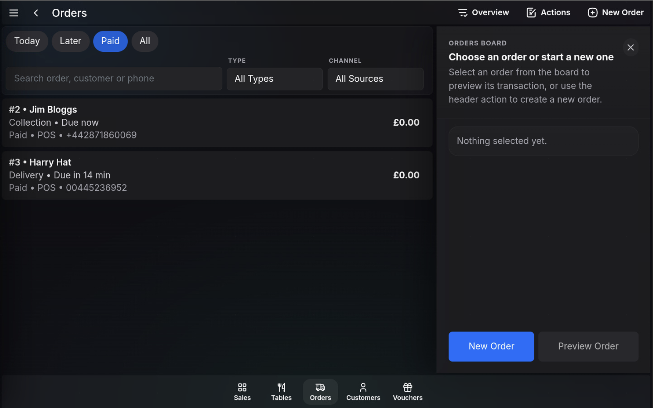 Orders screen filtered to Paid orders.