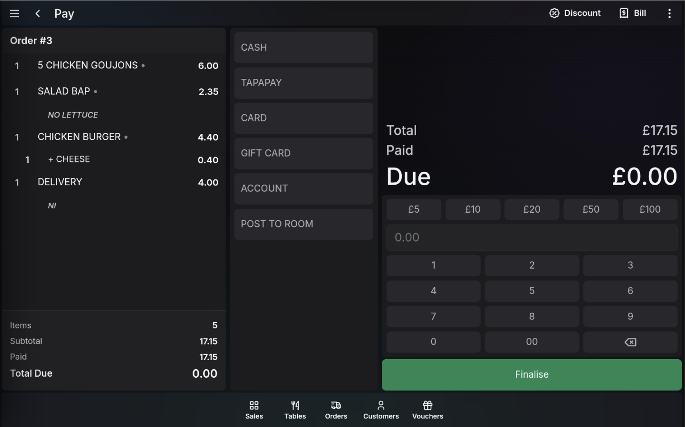Order payment screen showing due 0.00 and the Finalise button.