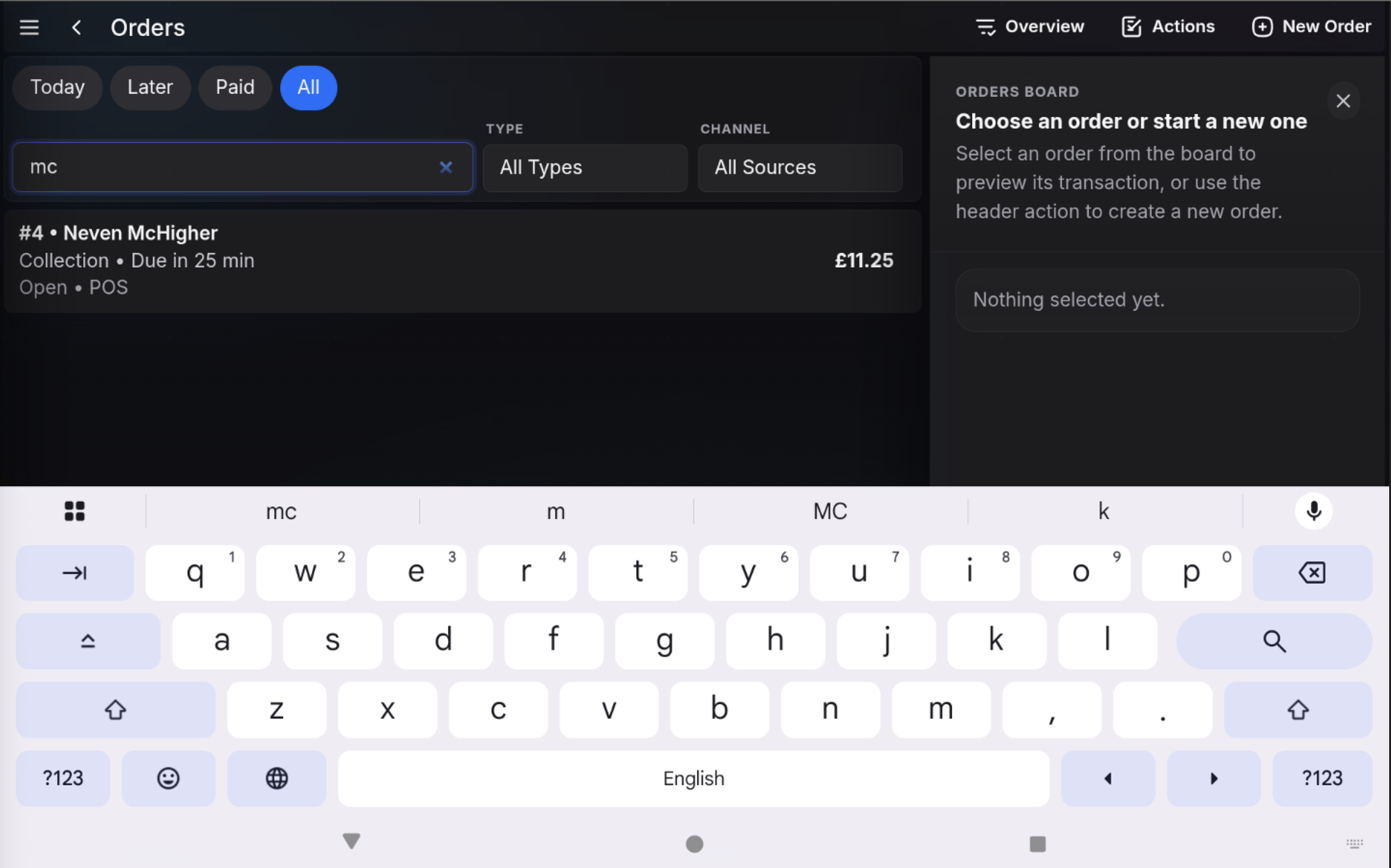 Orders screen showing a customer name search with a filtered result.
