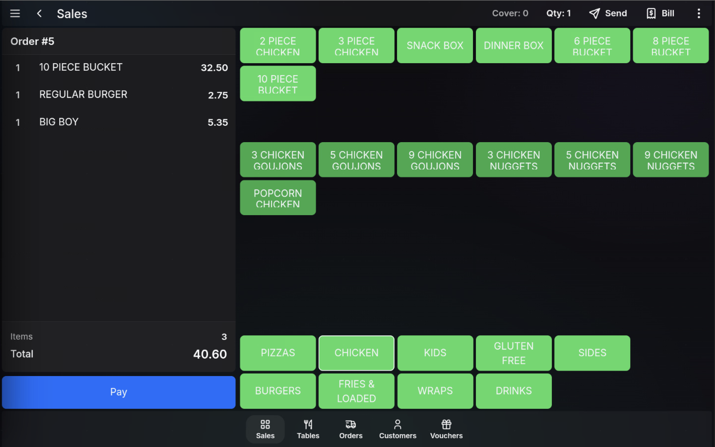 Order opened on the sales screen with Send, Bill, and Pay actions available.