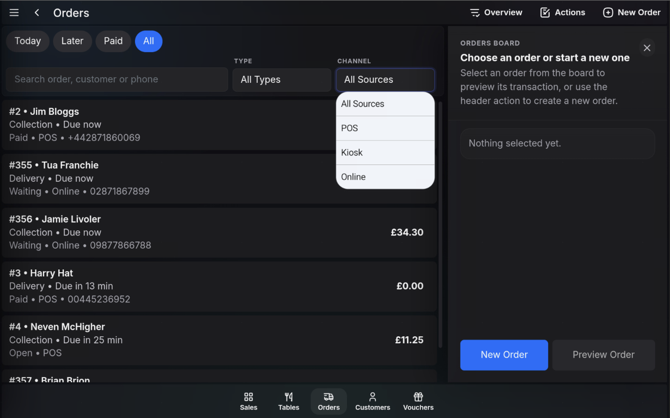 Order source filter showing All Sources, POS, Kiosk, and Online.