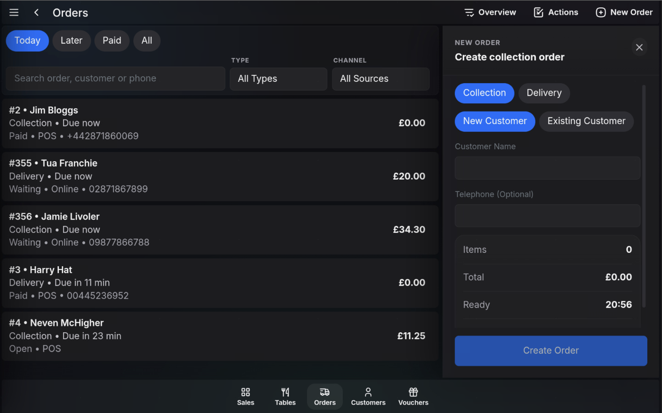 New order panel showing Collection, Delivery, New Customer, and Existing Customer options.