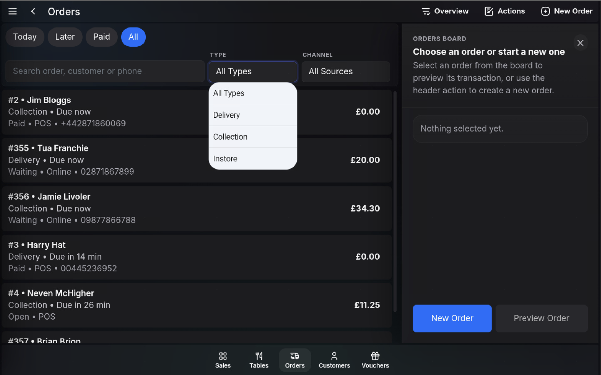 Order type filter showing All Types, Delivery, Collection, and Instore.