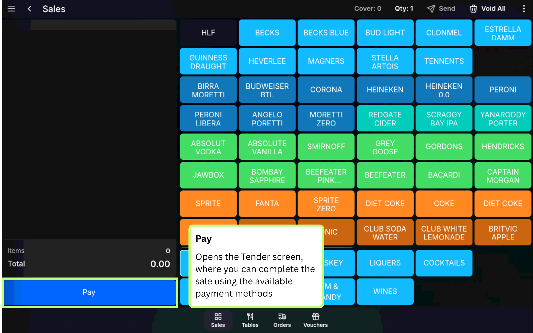 Pay button and payment area on the POS sales screen