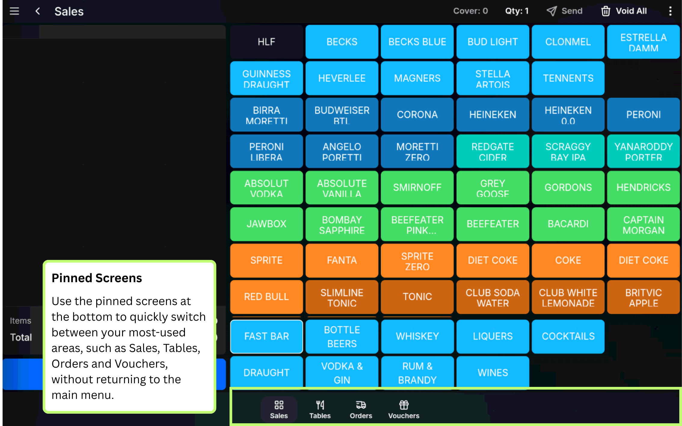 Pinned screens on the TapaGo sales screen.