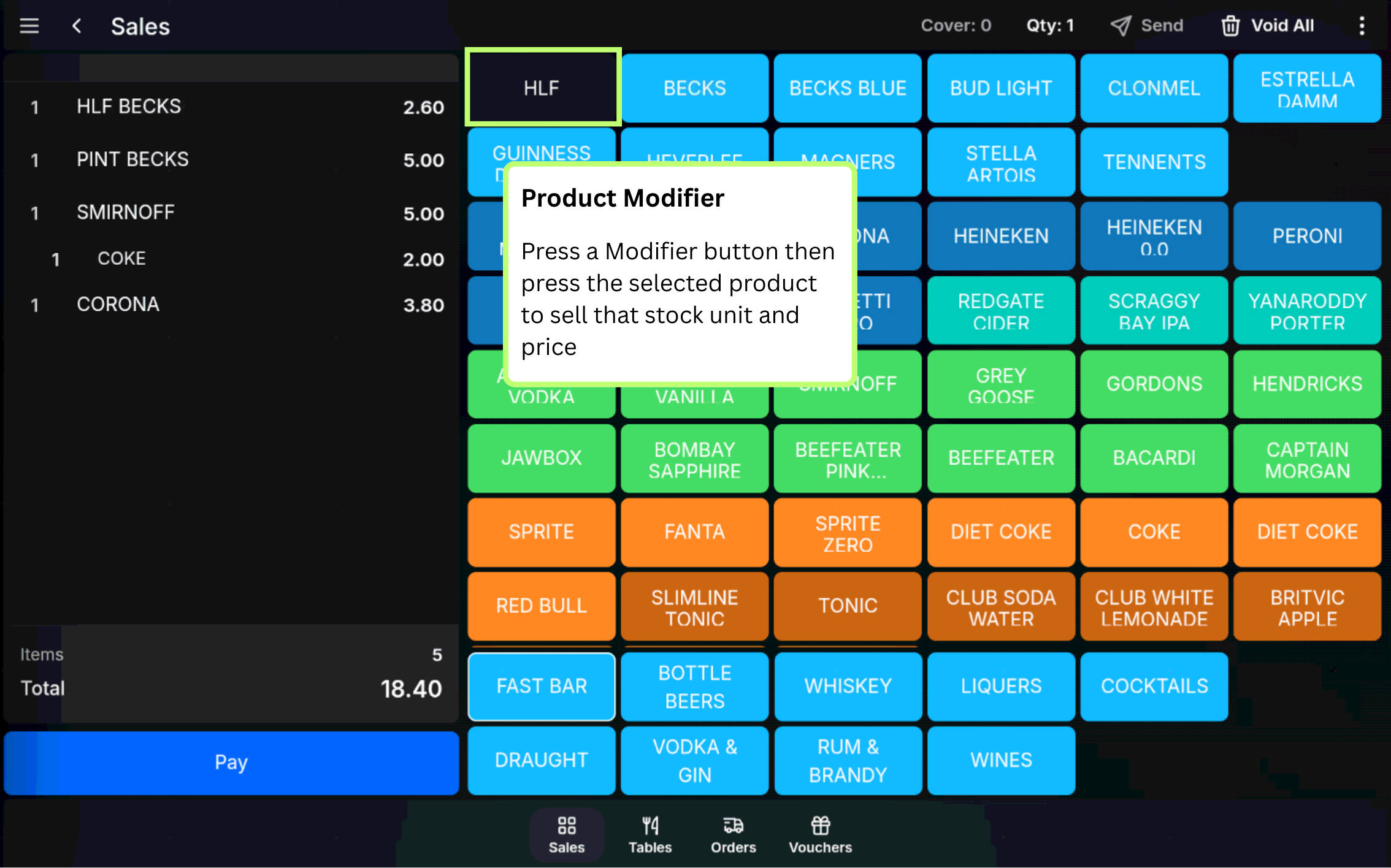 Product modifier options on the POS sales screen