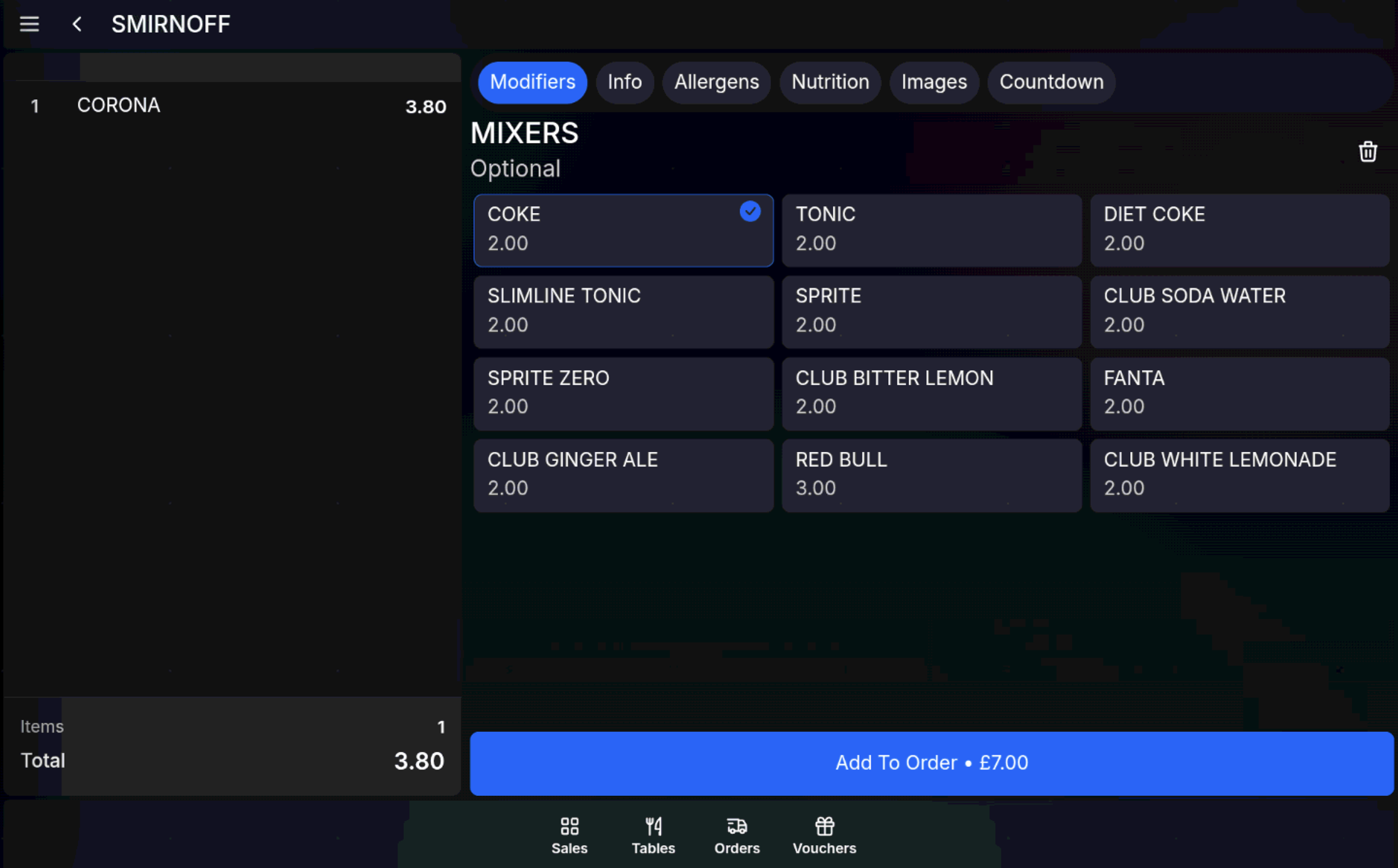 Sales menu choice prompt on the POS sales screen