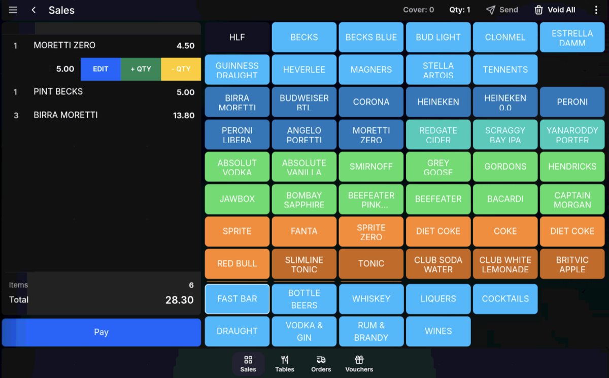 Swipe actions showing quantity controls on the transaction grid