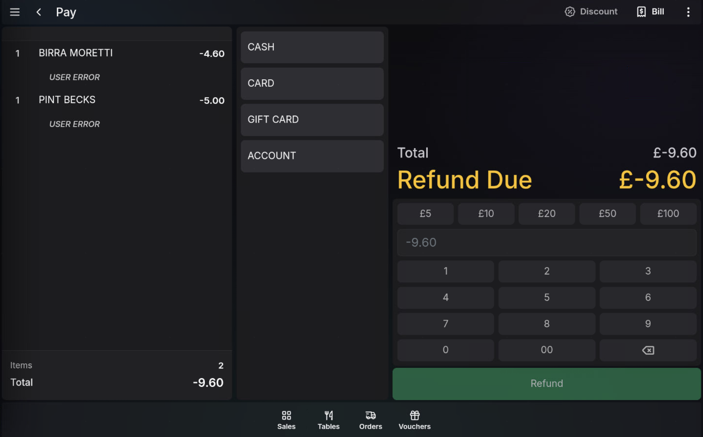 Refund tender selection screen on the POS