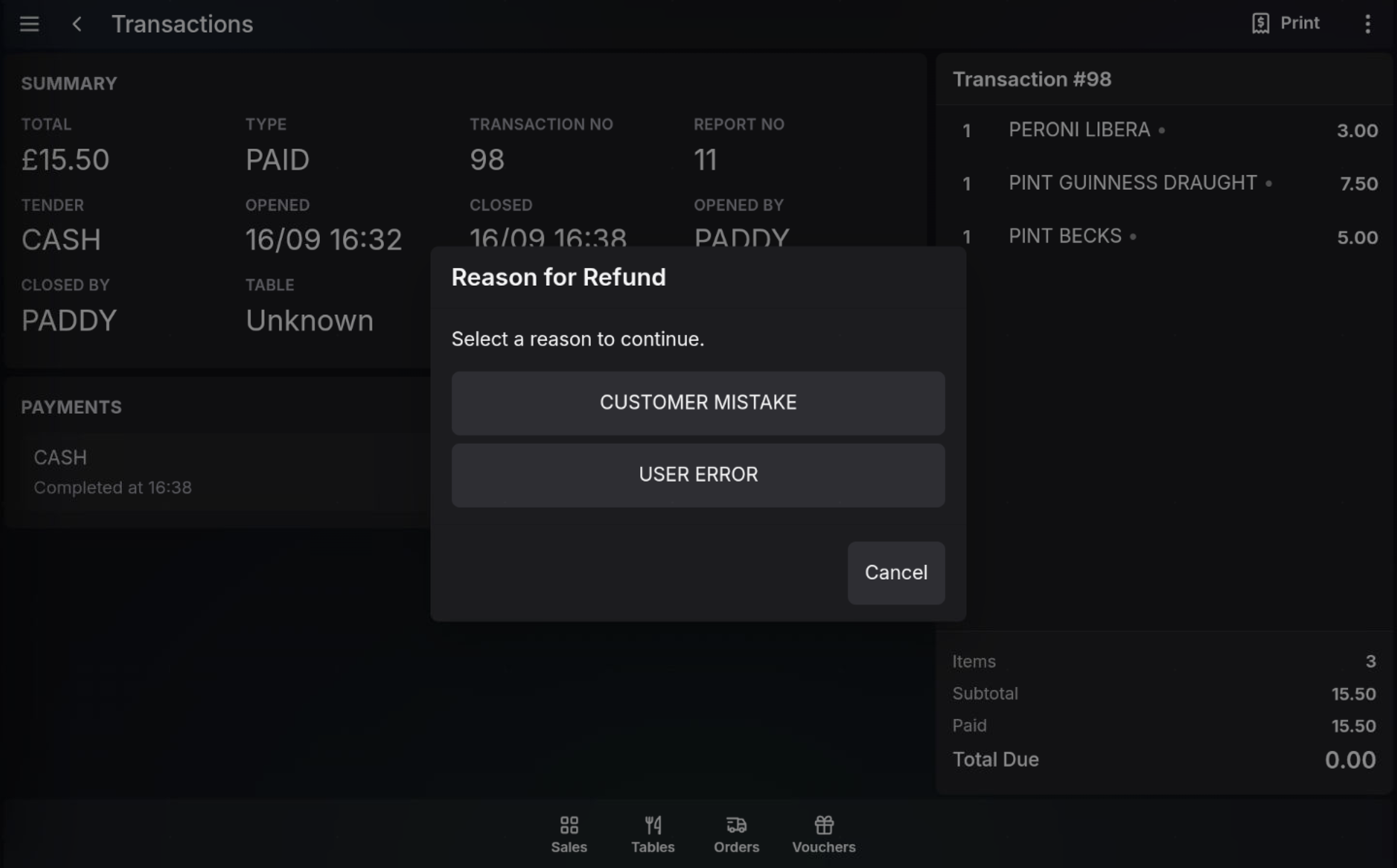 Refund reason prompt for refunding all transaction items