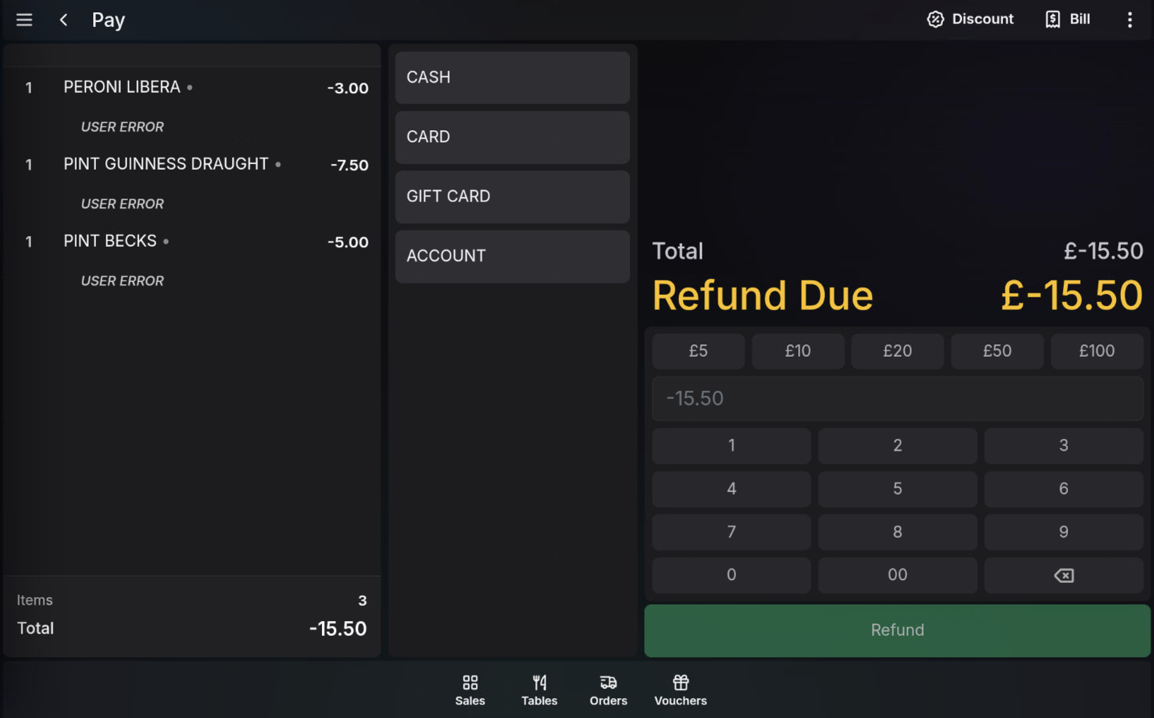 Refund tender selection for refunding all transaction items