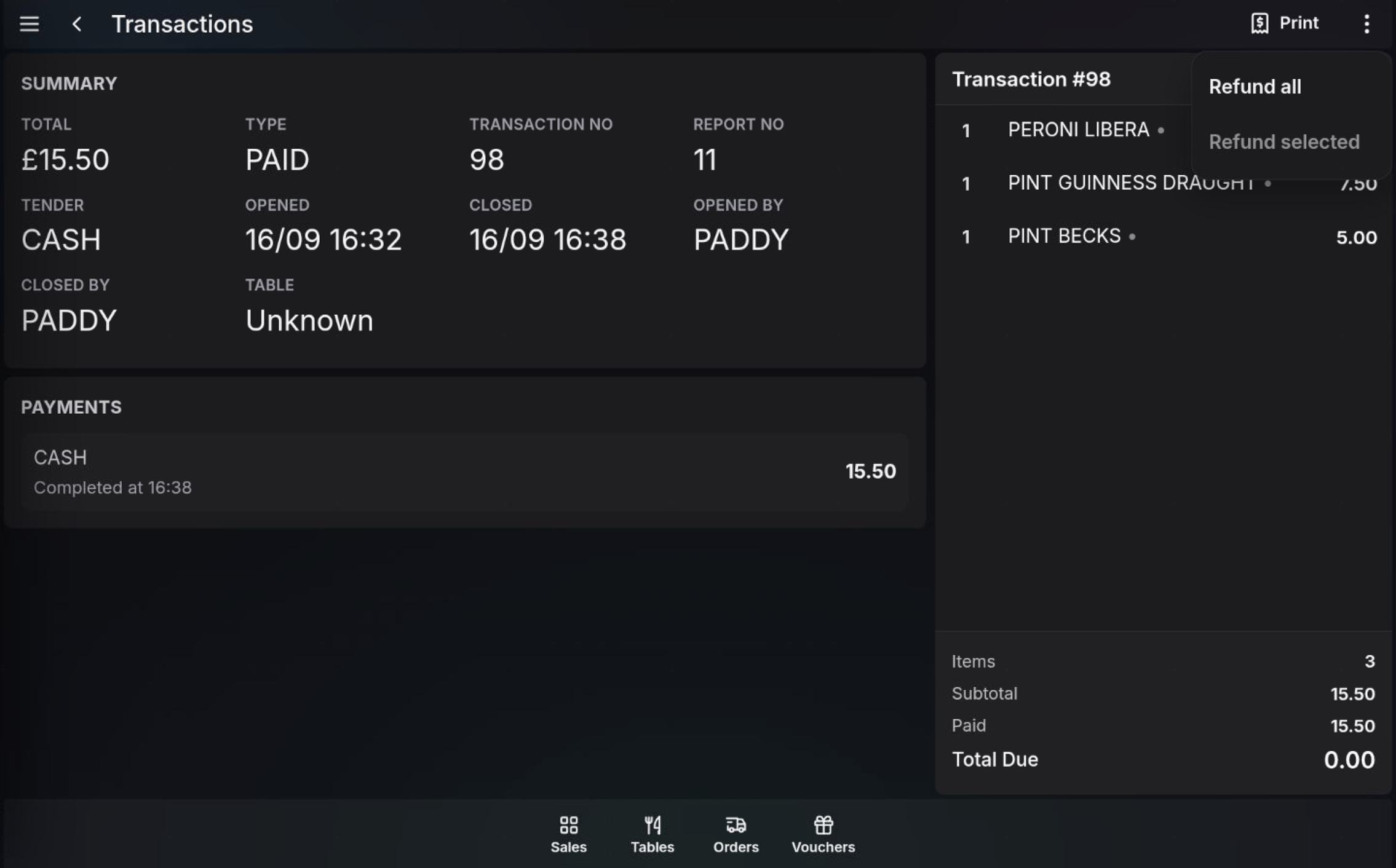 Refund All option in transaction functions
