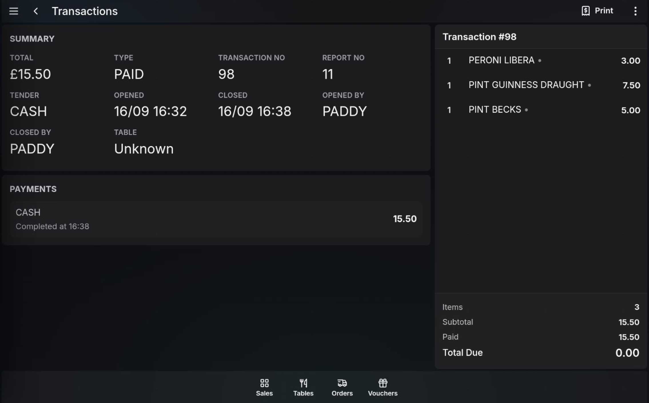 Transaction detail screen on the POS