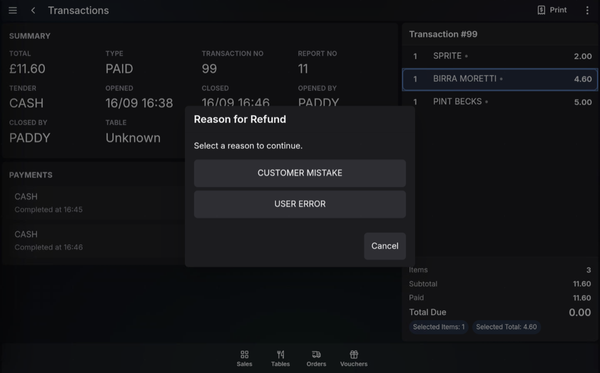 Refund reason prompt for selected transaction lines