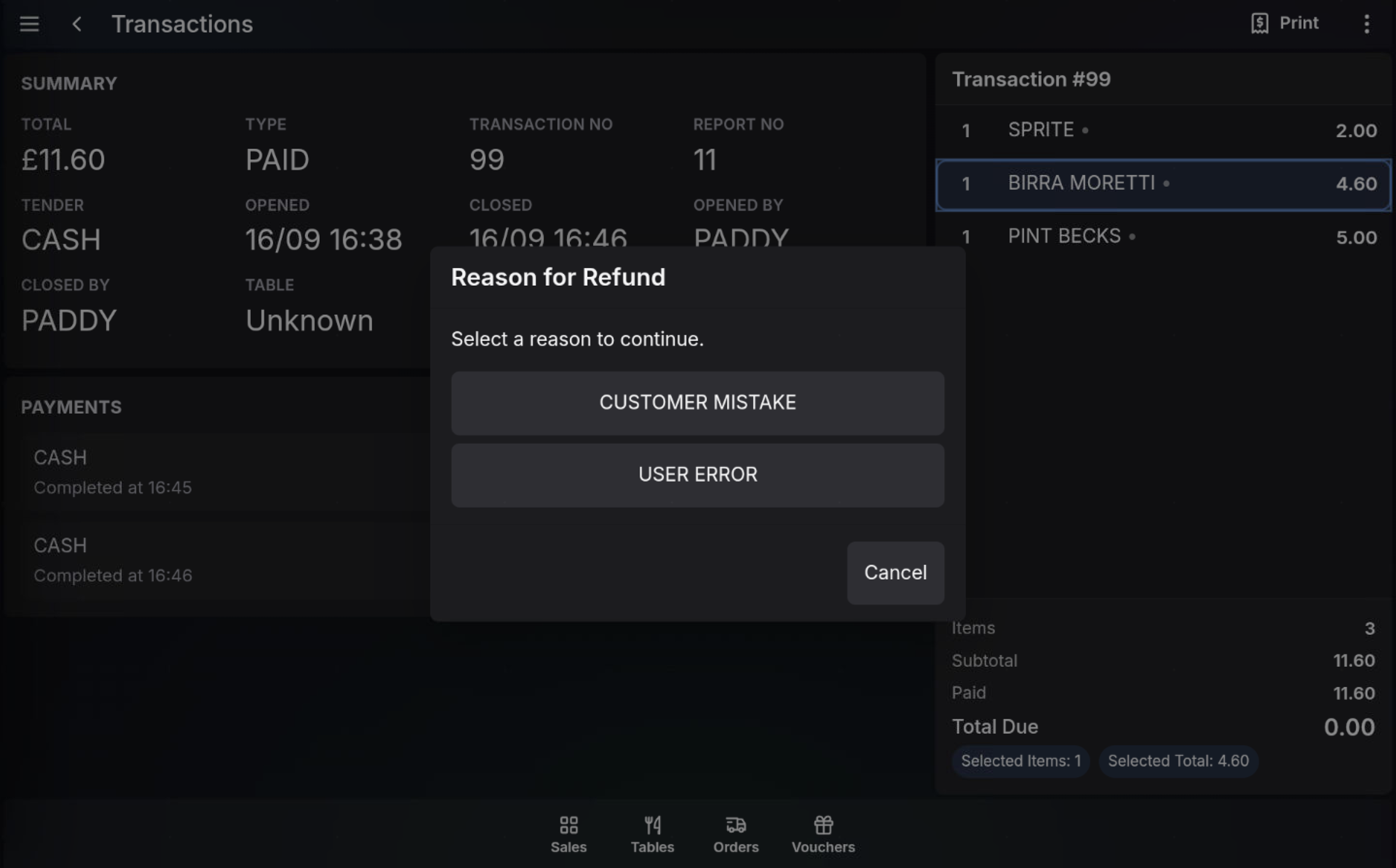 Refund reason prompt for selected transaction lines
