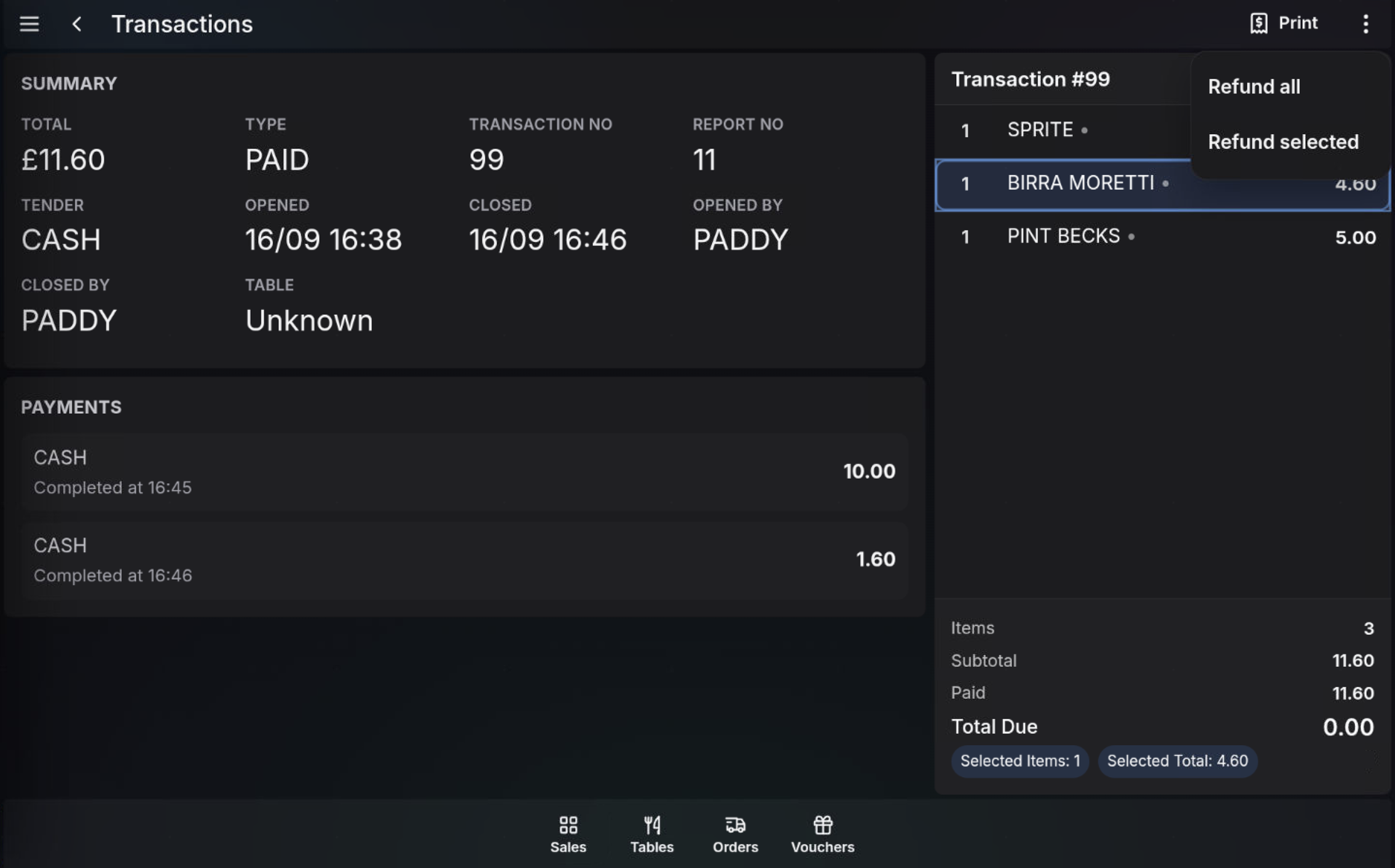 Refund Selected option for highlighted transaction lines
