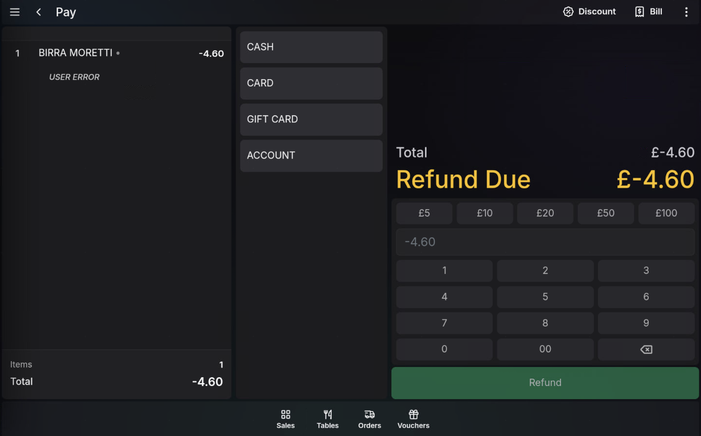Refund tender selection for selected transaction lines