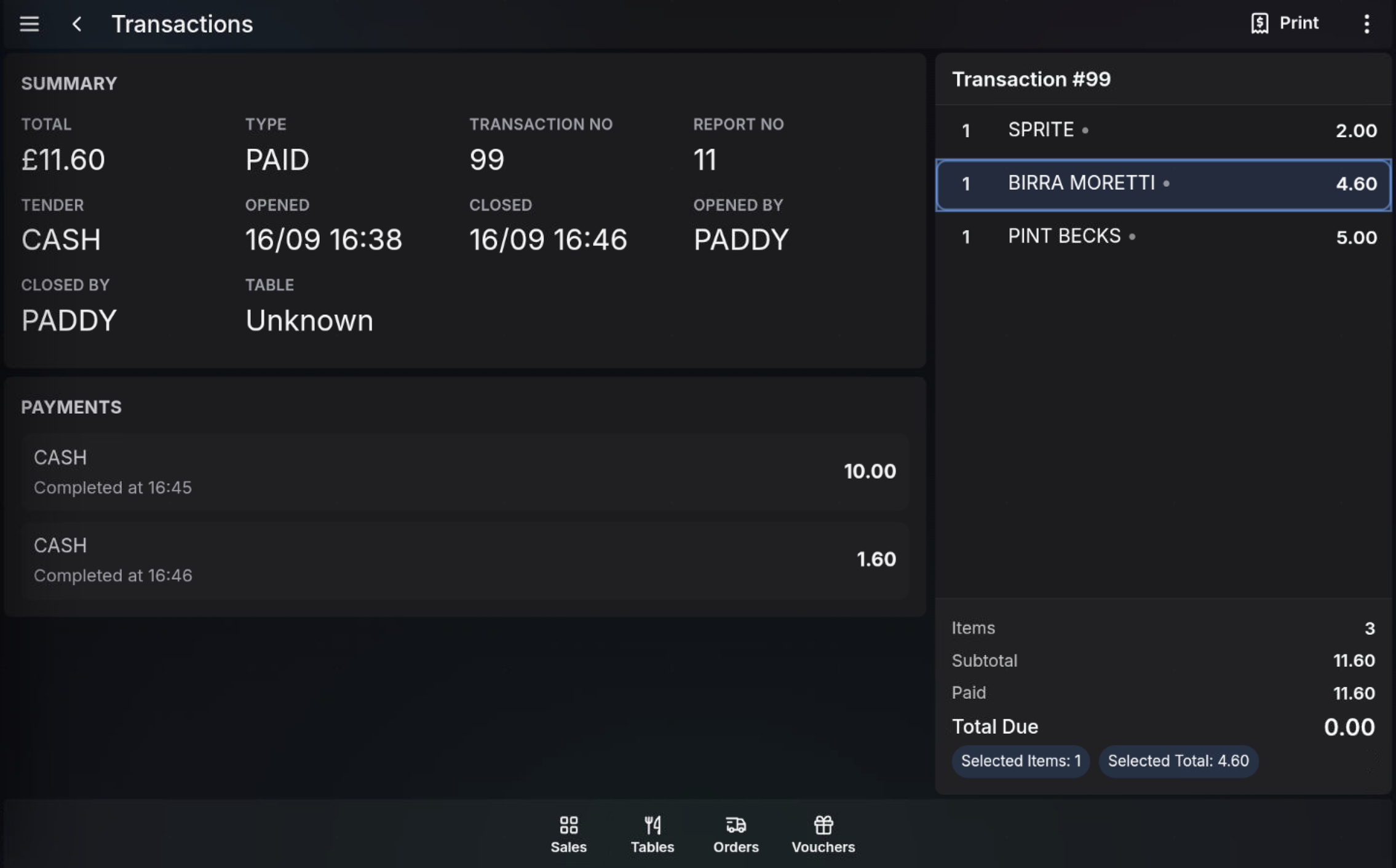 Product line selected from a transaction detail