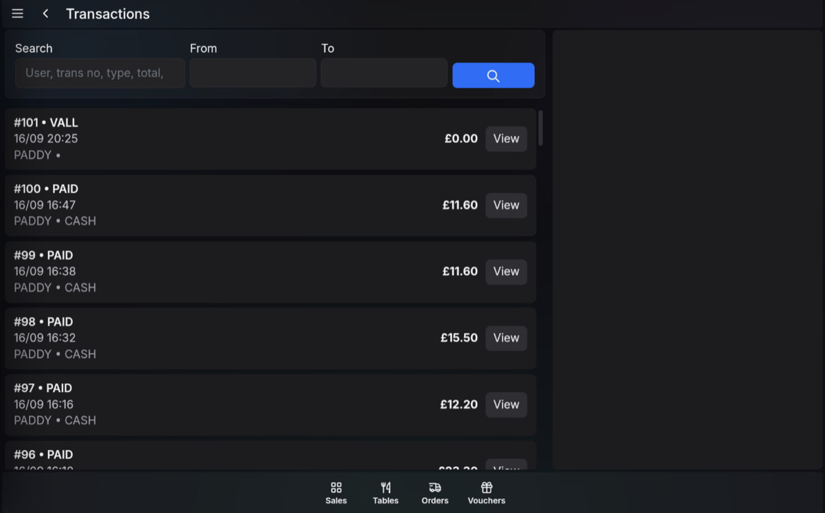 Transaction overview list on the POS