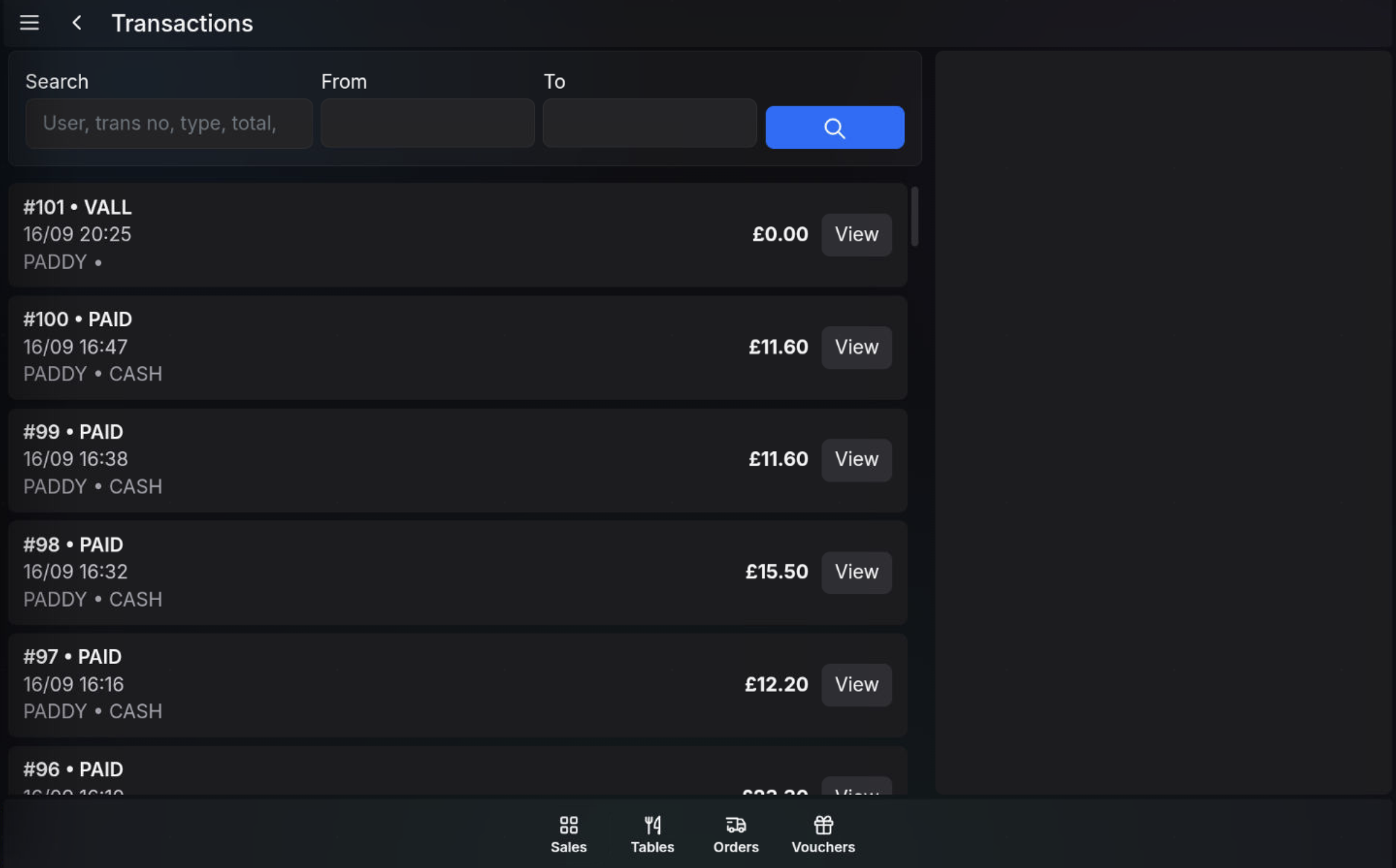 Transaction overview list on the POS