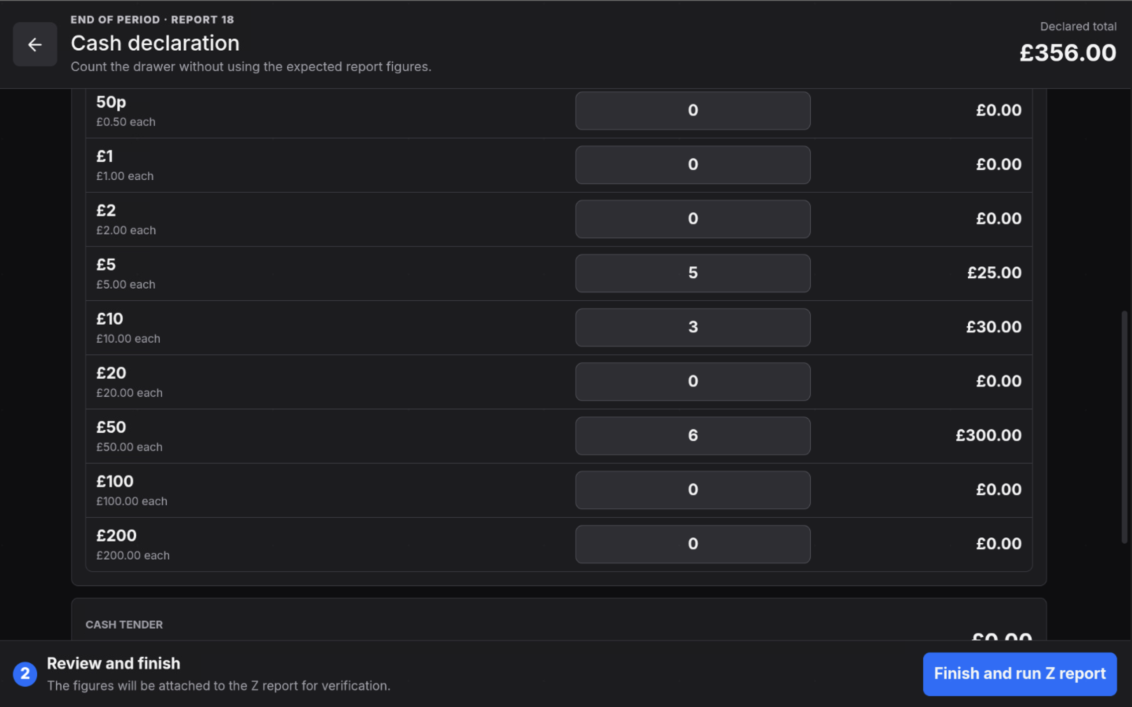 Cash declaration screen showing denomination counts and Finish and run Z report button.