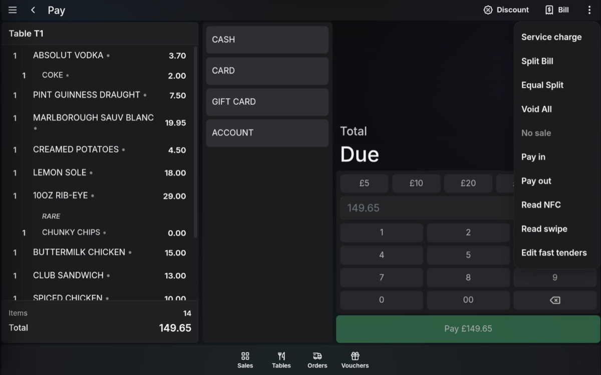 Split Bill button on an open table order