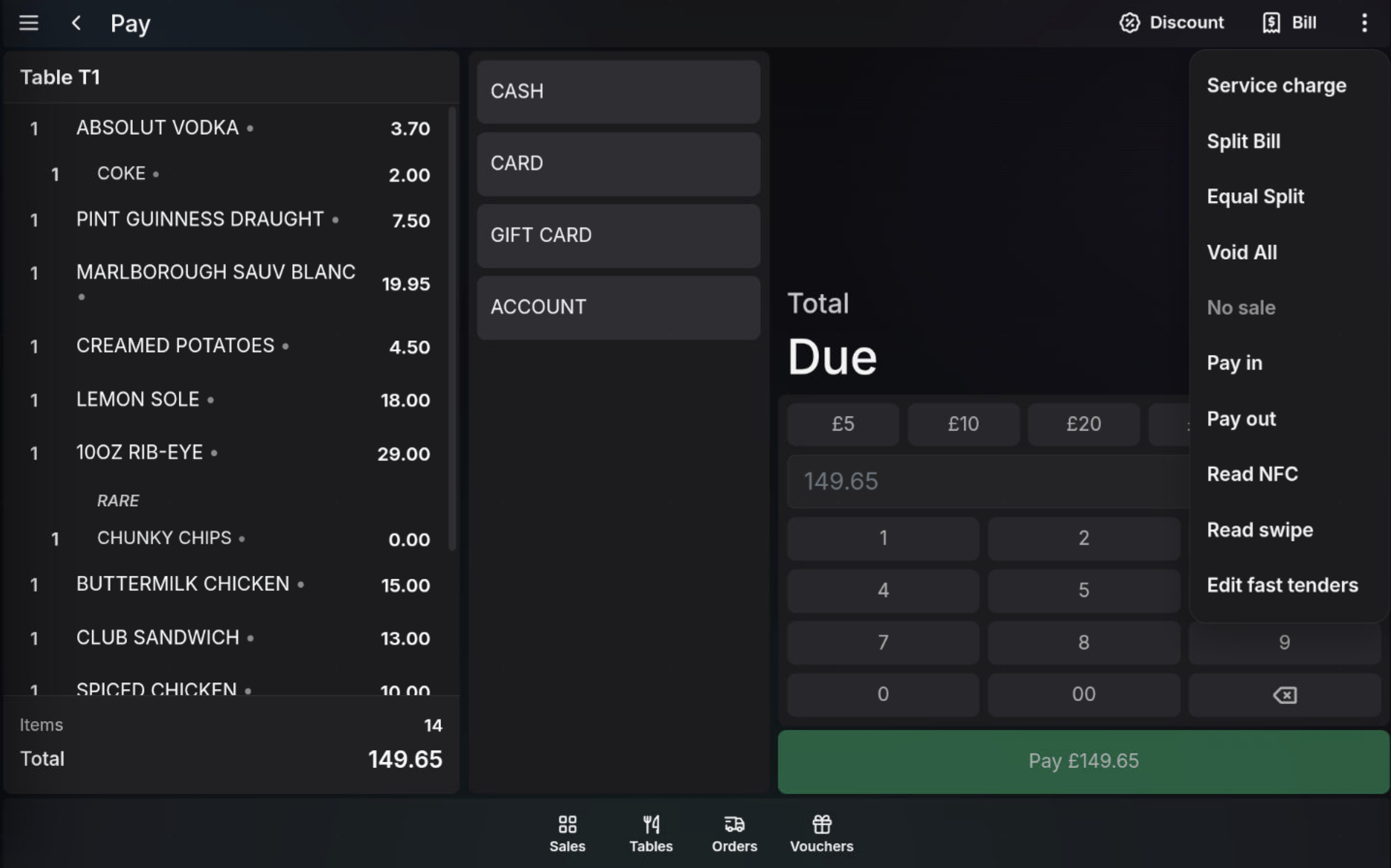 Split Bill button on an open table order
