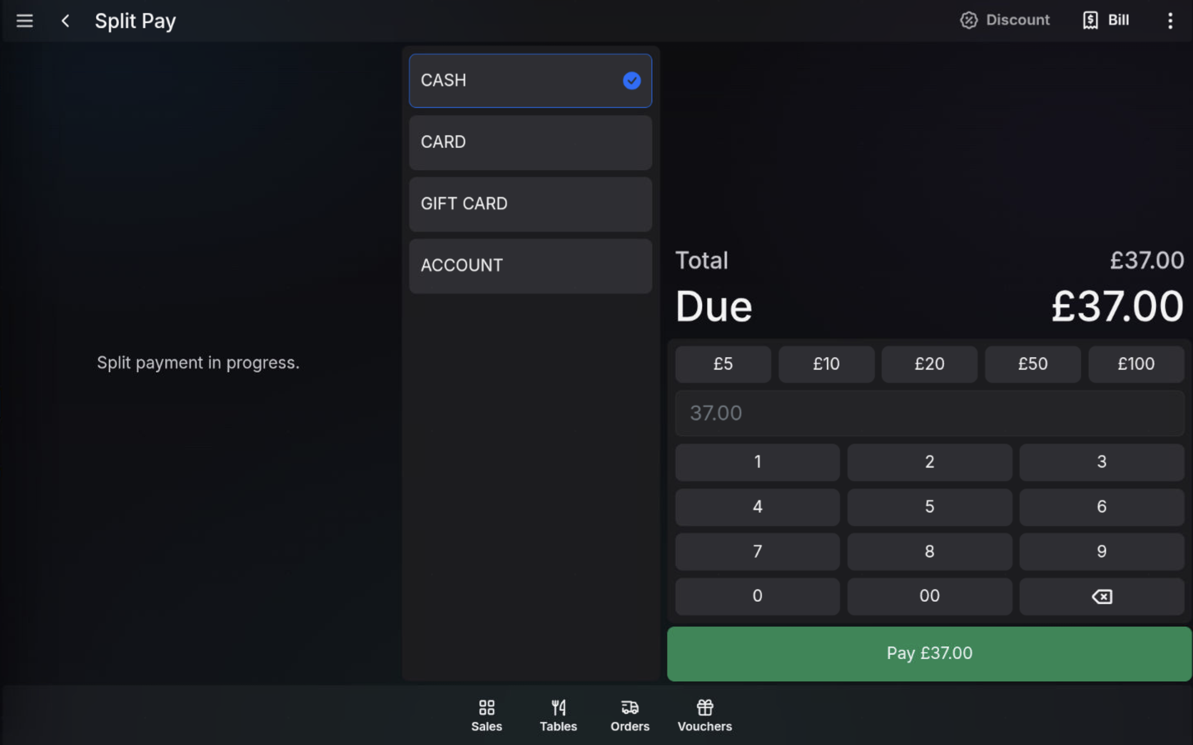 Pay Selected action for selected split bill items